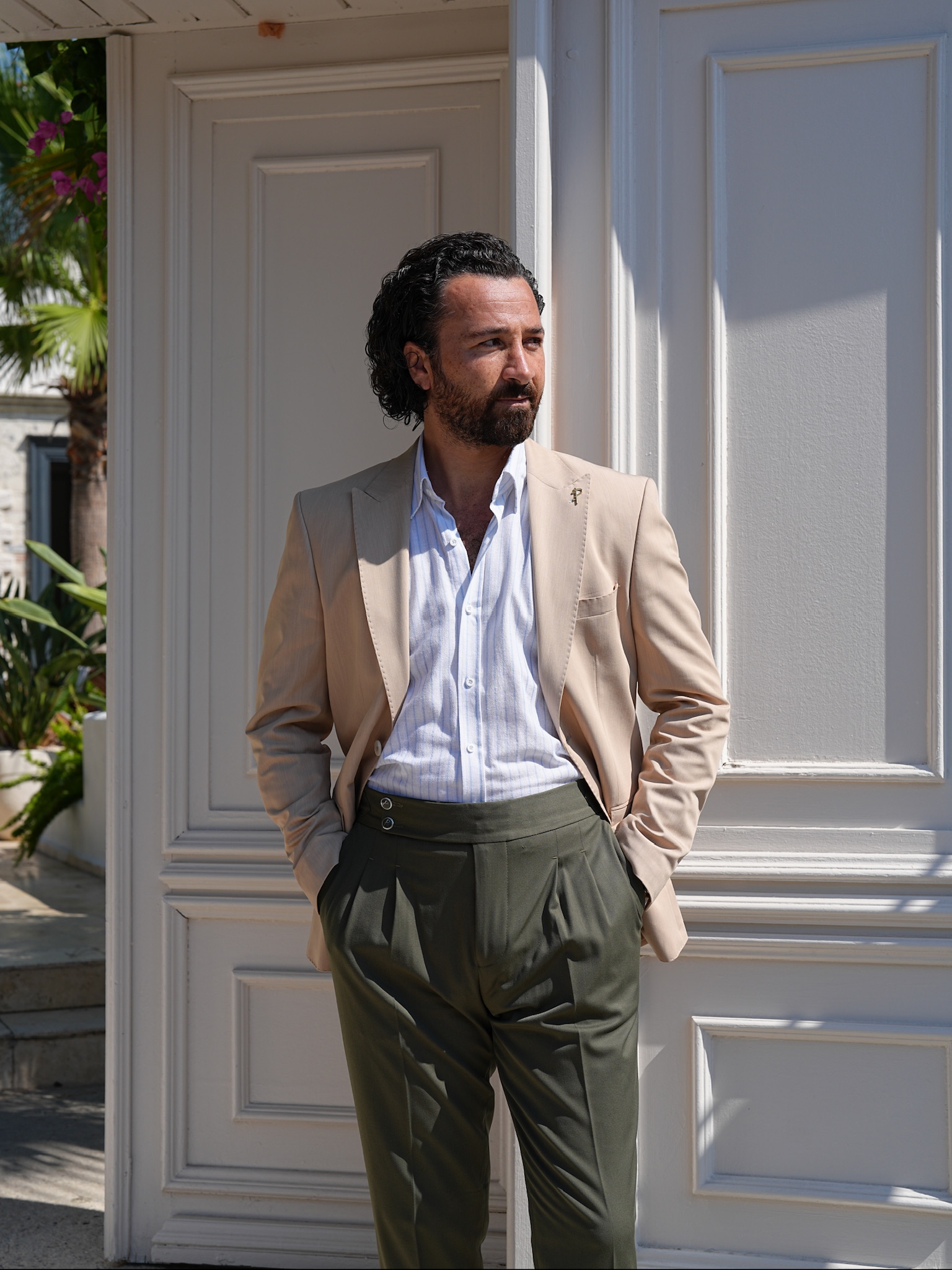 Erkek Premium İtalyan Stil Slim Fit Erkek Punto Dikişli Torba Cepli Yarım Astarlı Ceket - Krem