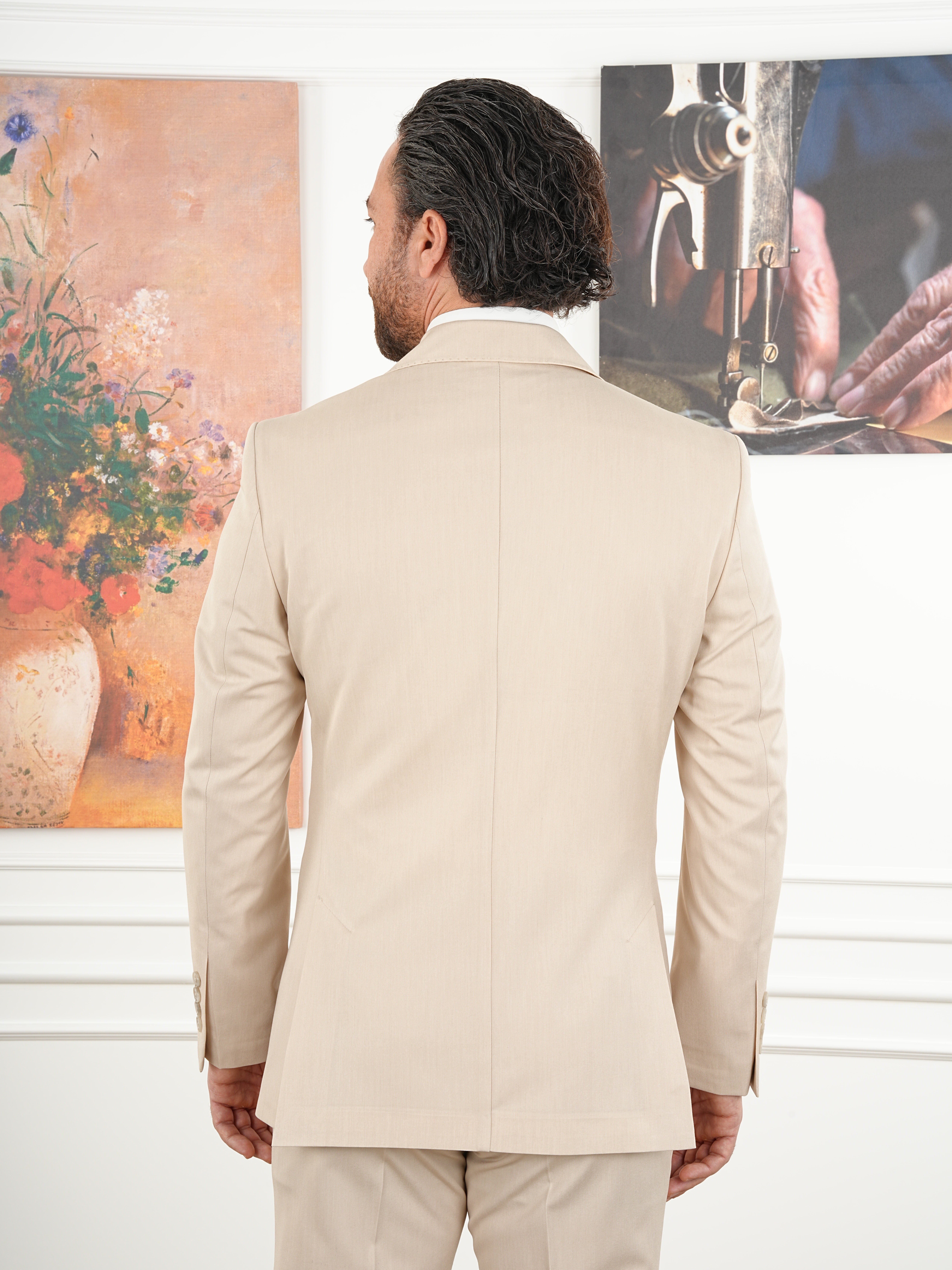 Erkek Slim Fit İtalyan Stil Kruvaze Takım Elbise Ceket Pantolon - Bej