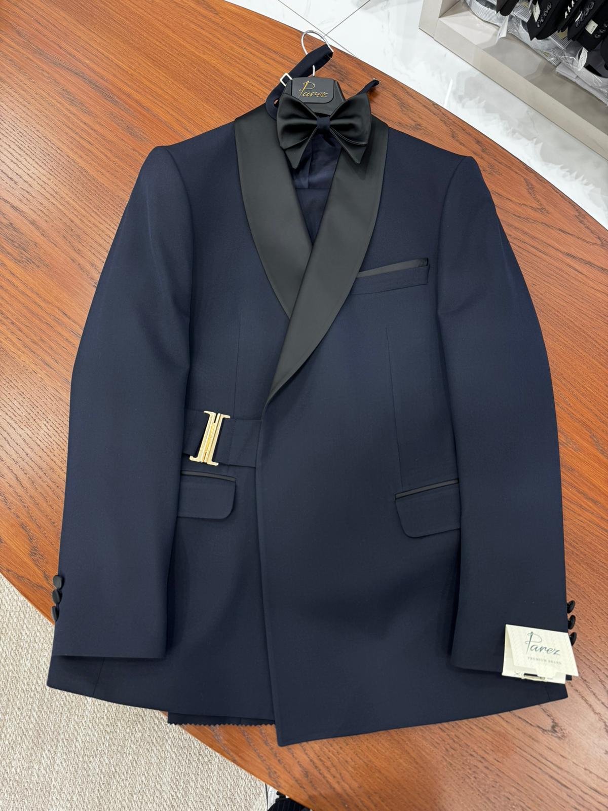 Erkek Kruvaze Tokalı Smokin Damatlık İtalyan Stil Ceket Pantolon Papyon - Koyu Lacivert