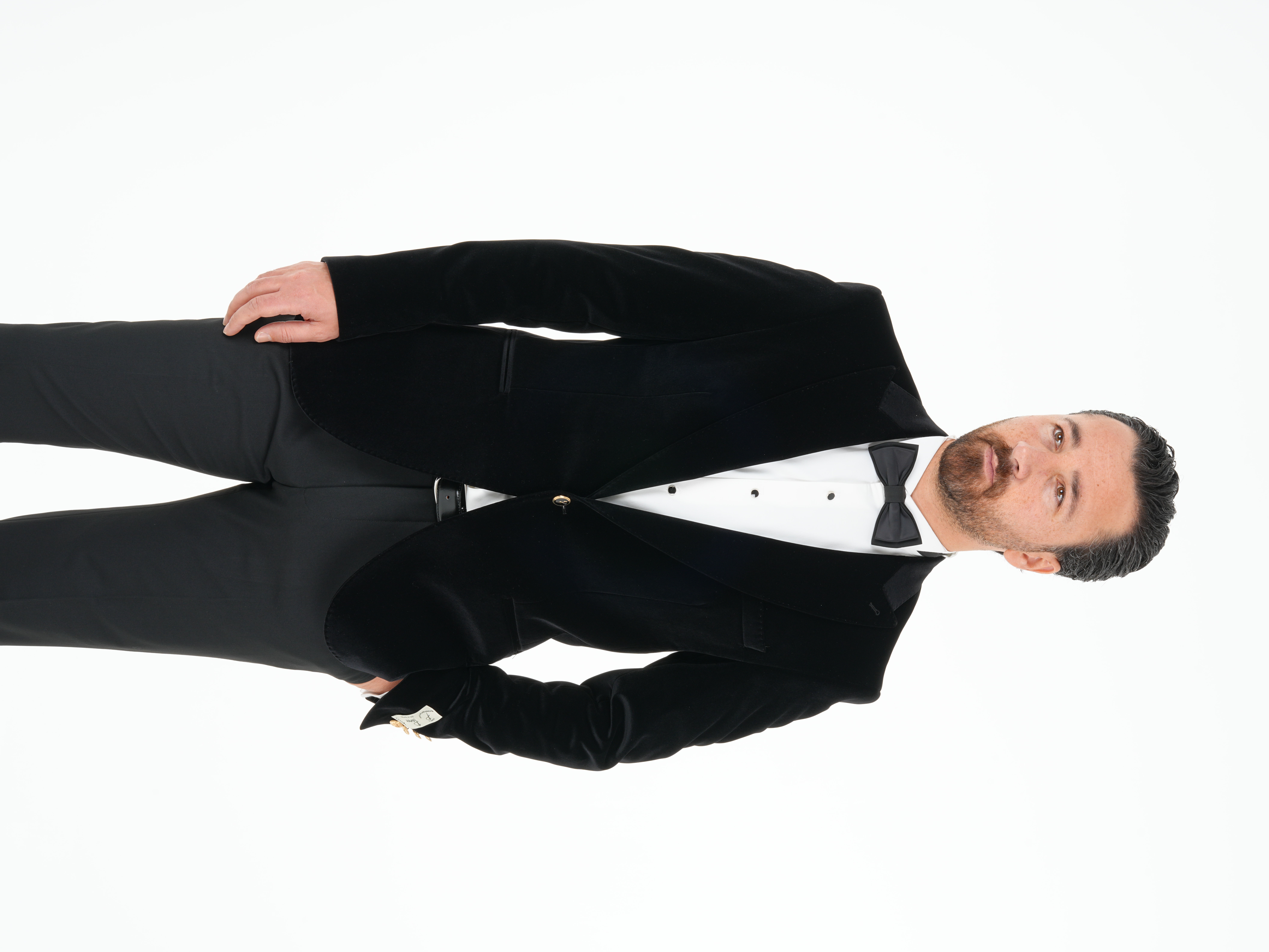 Premium Erkek Kadife Smokin Damatlık Gold Düğme Punto Dikişli Ceket Pantolon Papyon - Siyah