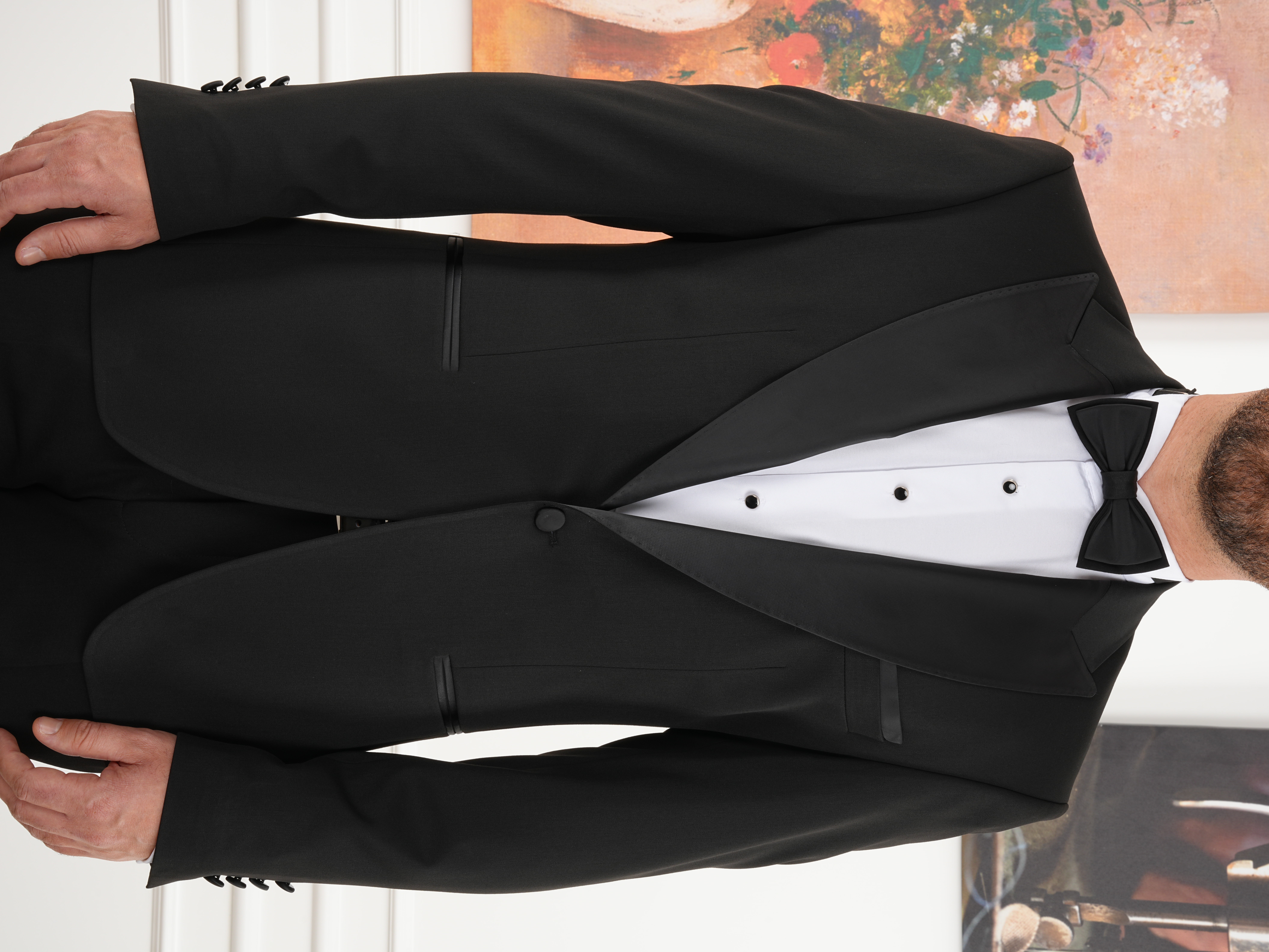 Erkek Smokin Damatlık İtalyan Stil Kırlangıç Yaka Ceket Pantolon Kuşak Papyon-Siyah - Siyah