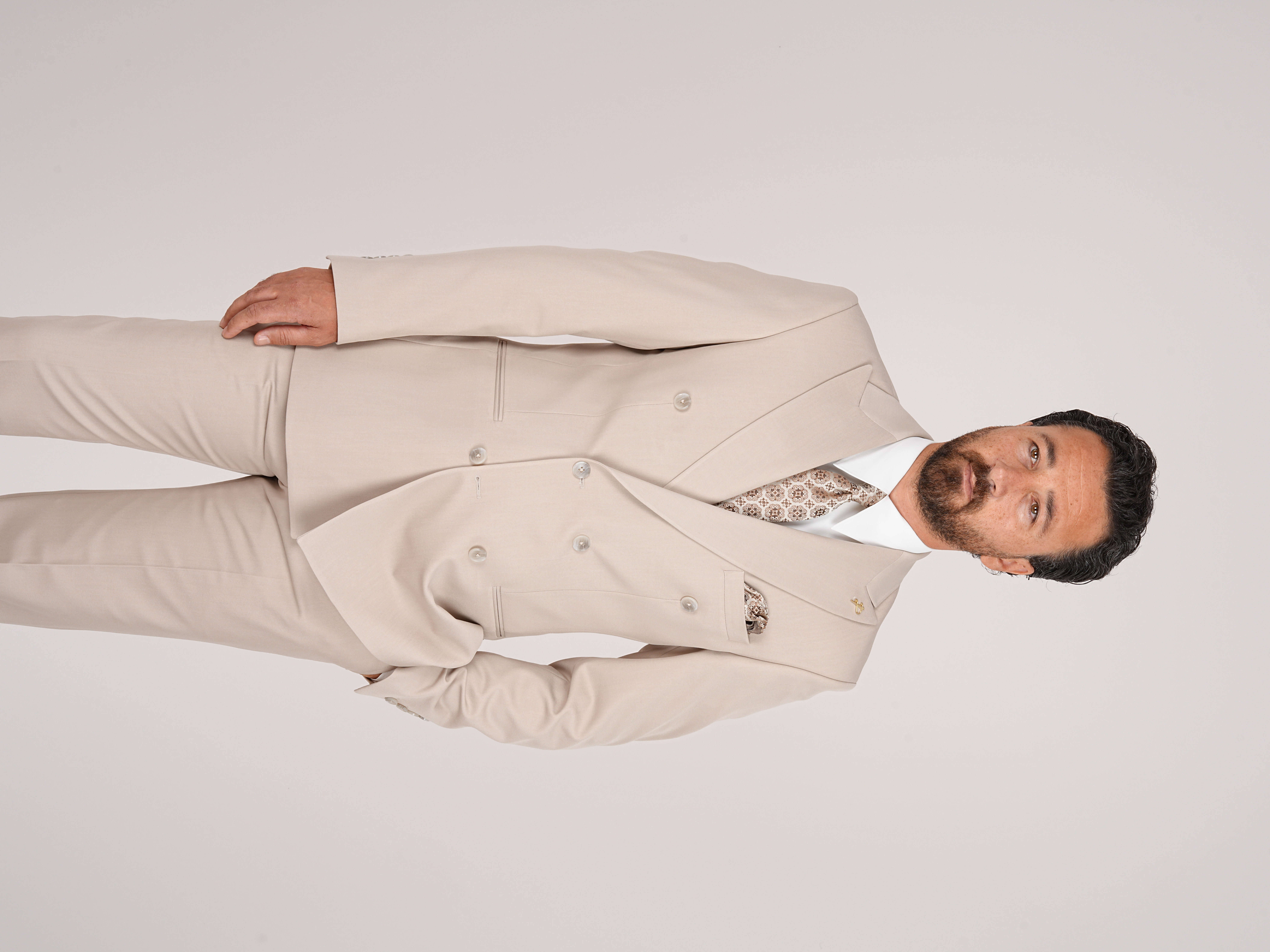 Erkek Kruvaze Takım Elbise Slim Fit İtalyan Stil Ceket Pantolon - Bej