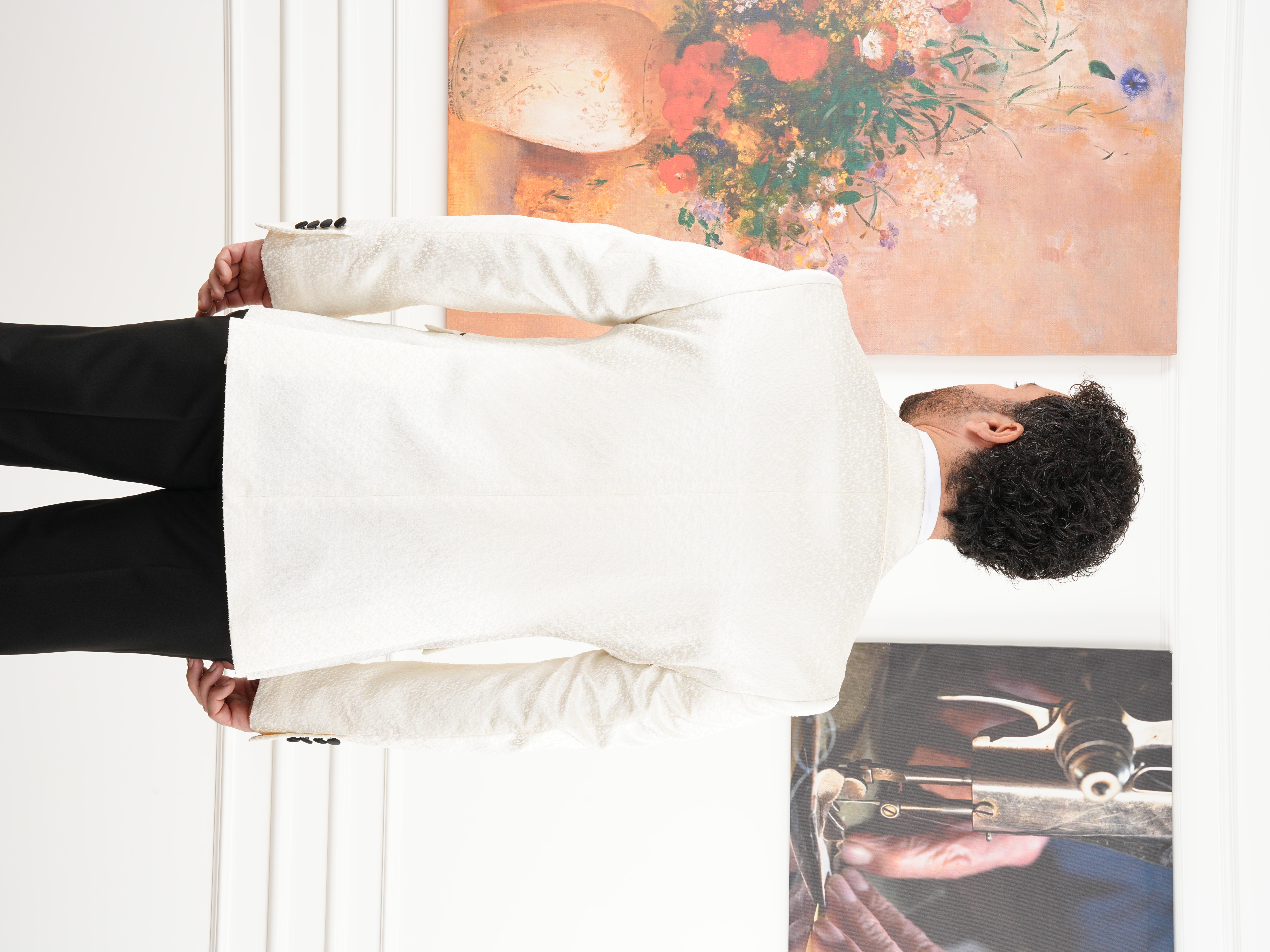 Erkek Slim Fit İtalyan Stil Jakar Desenli Damatlık Smokin Ceket Pantolon - Beyaz