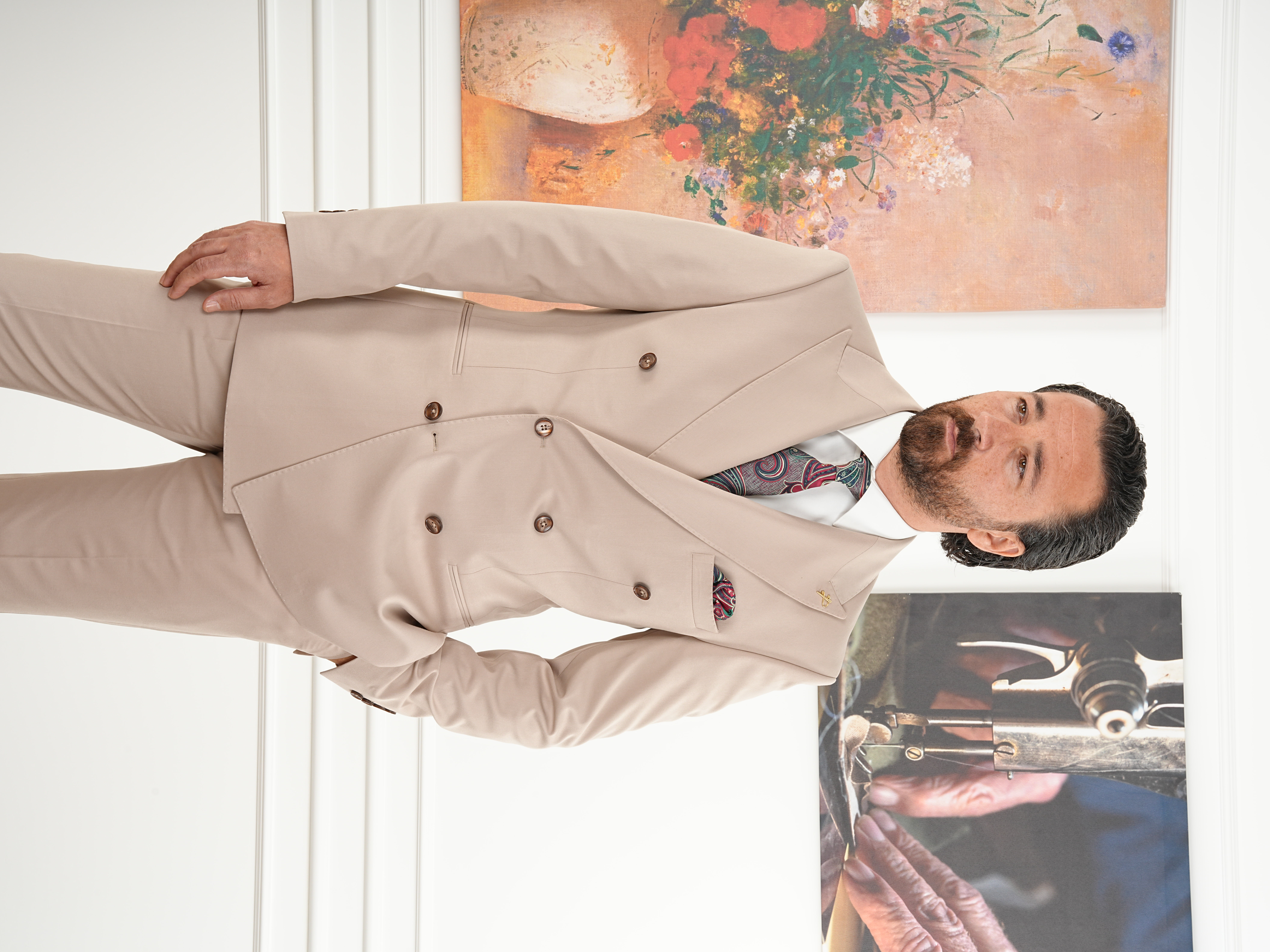 Erkek Slim Fit İtalyan Stil Kruvaze Takım Elbise Ceket Pantolon - Krem