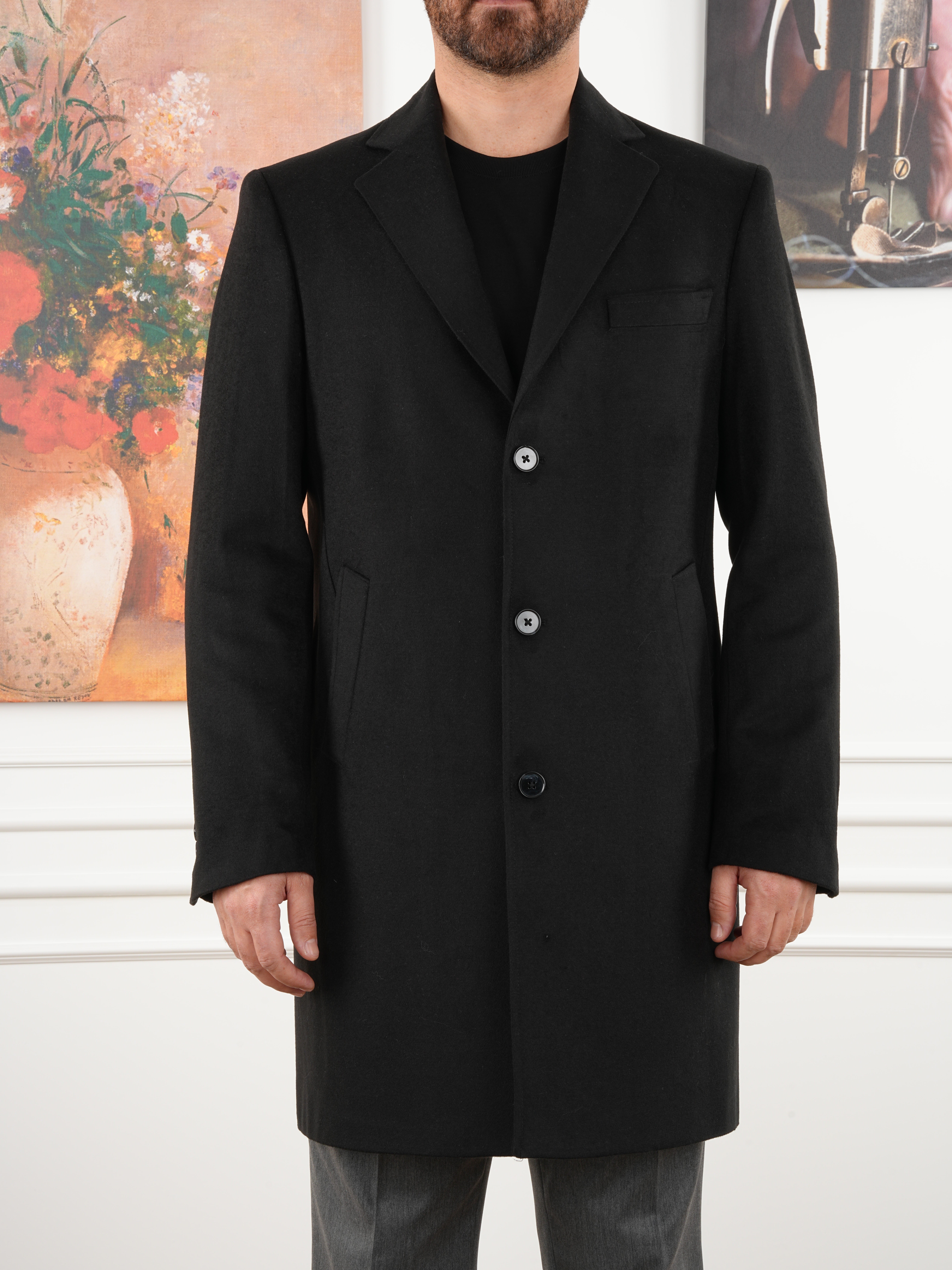 Erkek Premium İtalyan Stil Slim Fit Mono Yaka Kaşe Kaban - Siyah