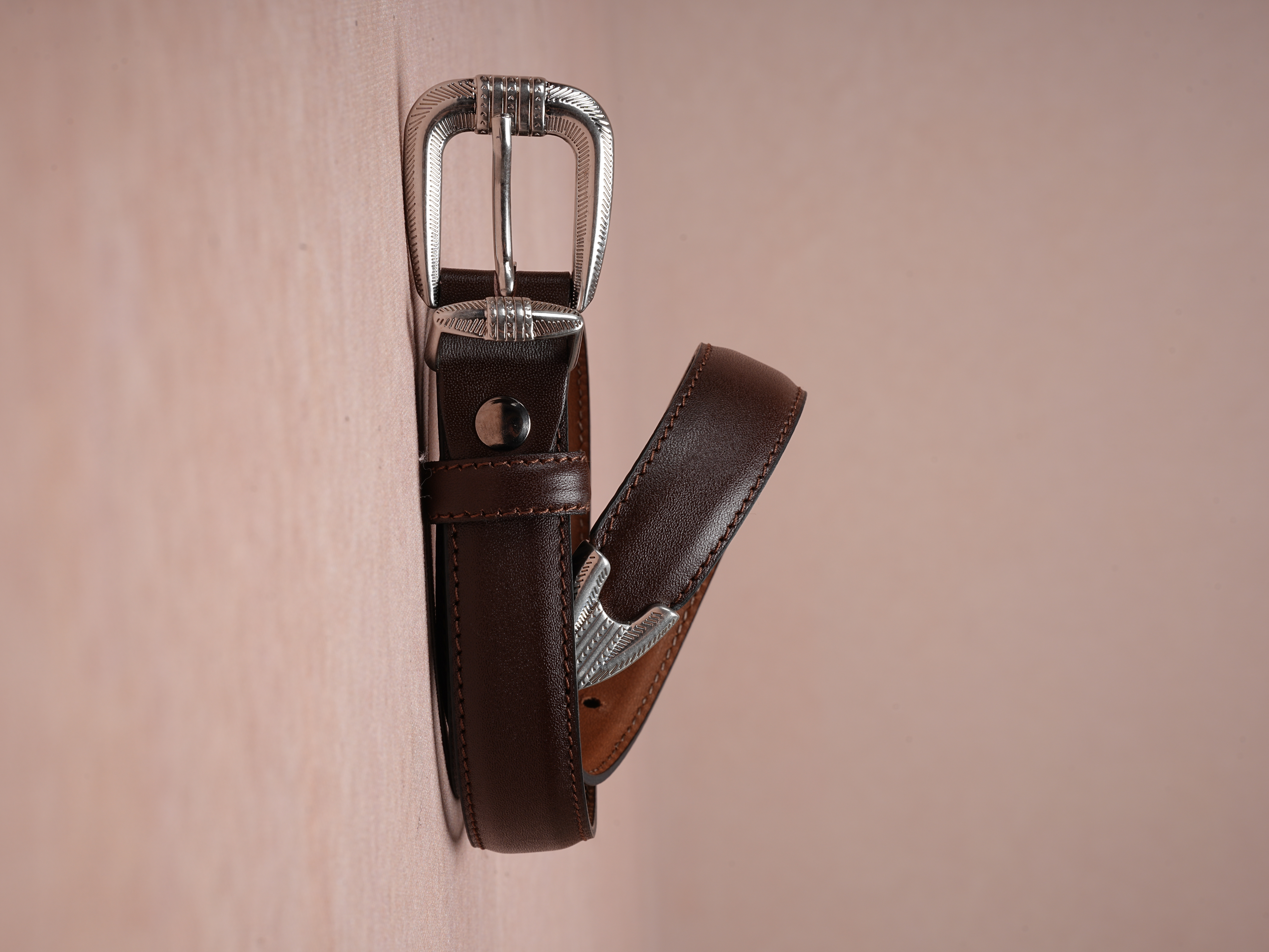 Erkek %100 Hakiki Deri Ince Kalay Kaplama Beyaz Tokalı Kemer 2.5 Cm - Kahve
