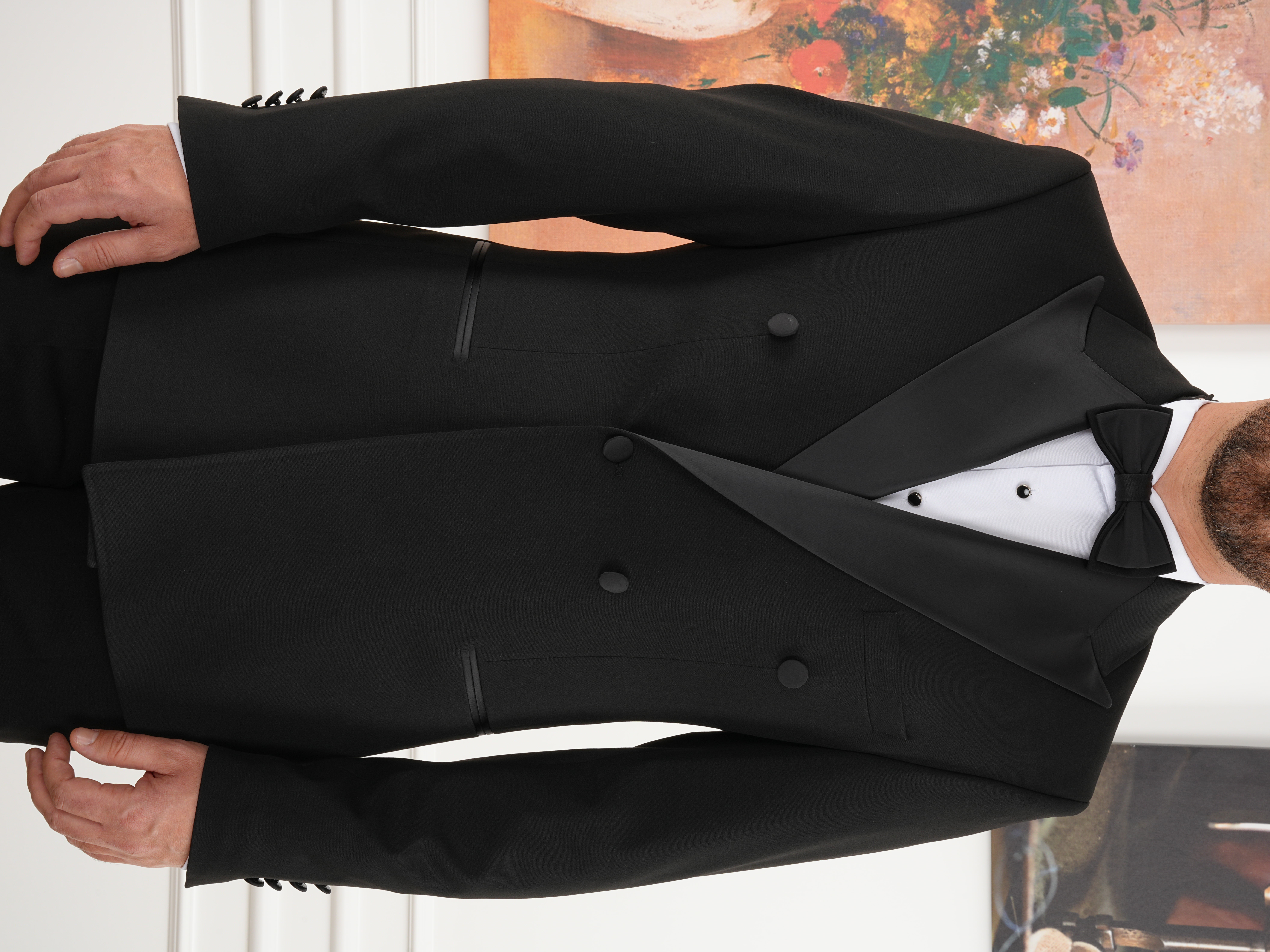 Erkek Kruvaze Smokin Damatlık İtalyan Stil Ceket Pantolon Papyon-Siyah - Siyah