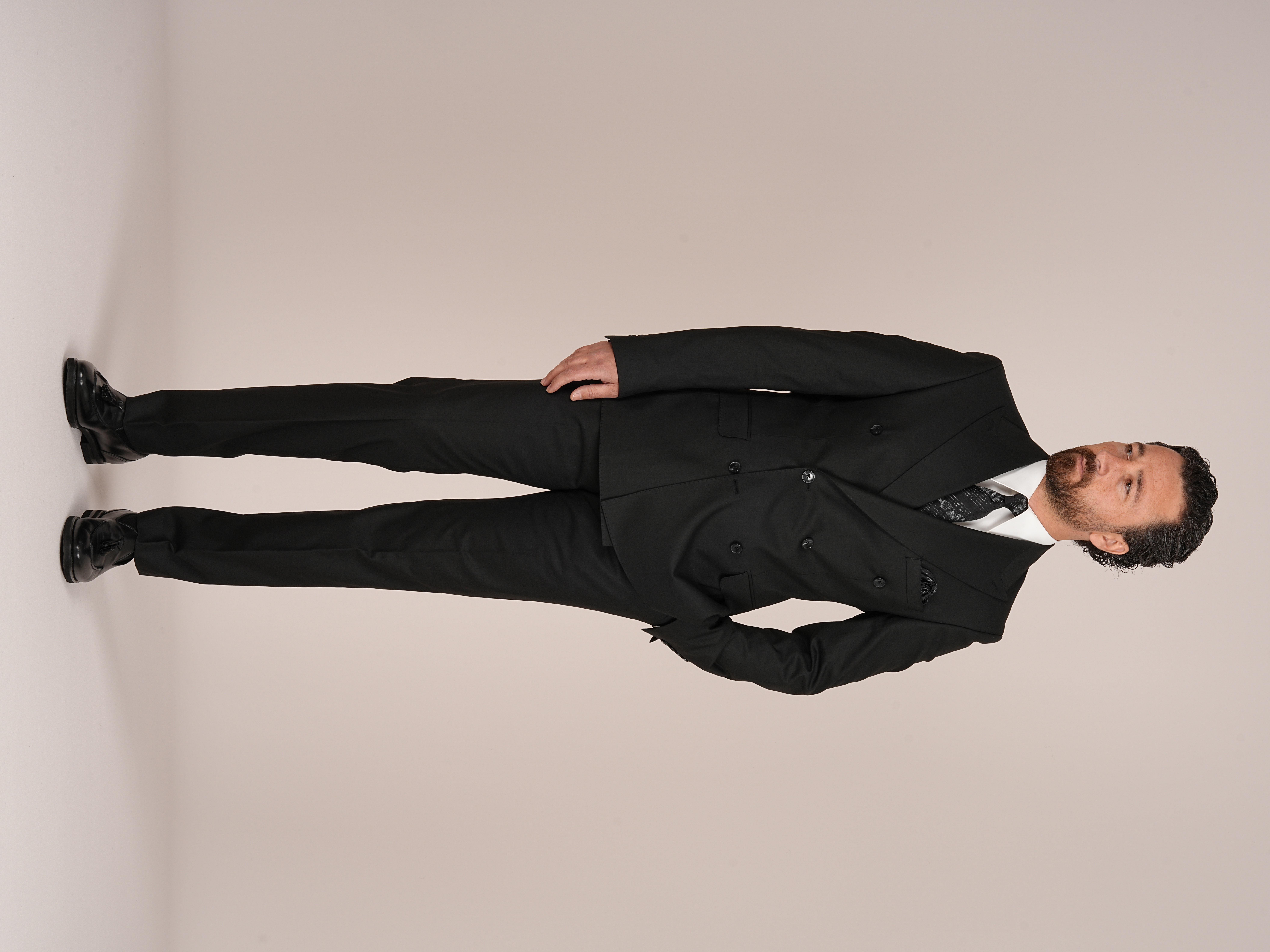 Premium Mens Wool-Blend Double-Breasted italian Slim-Fit Suit Jacket & Trousers - Black