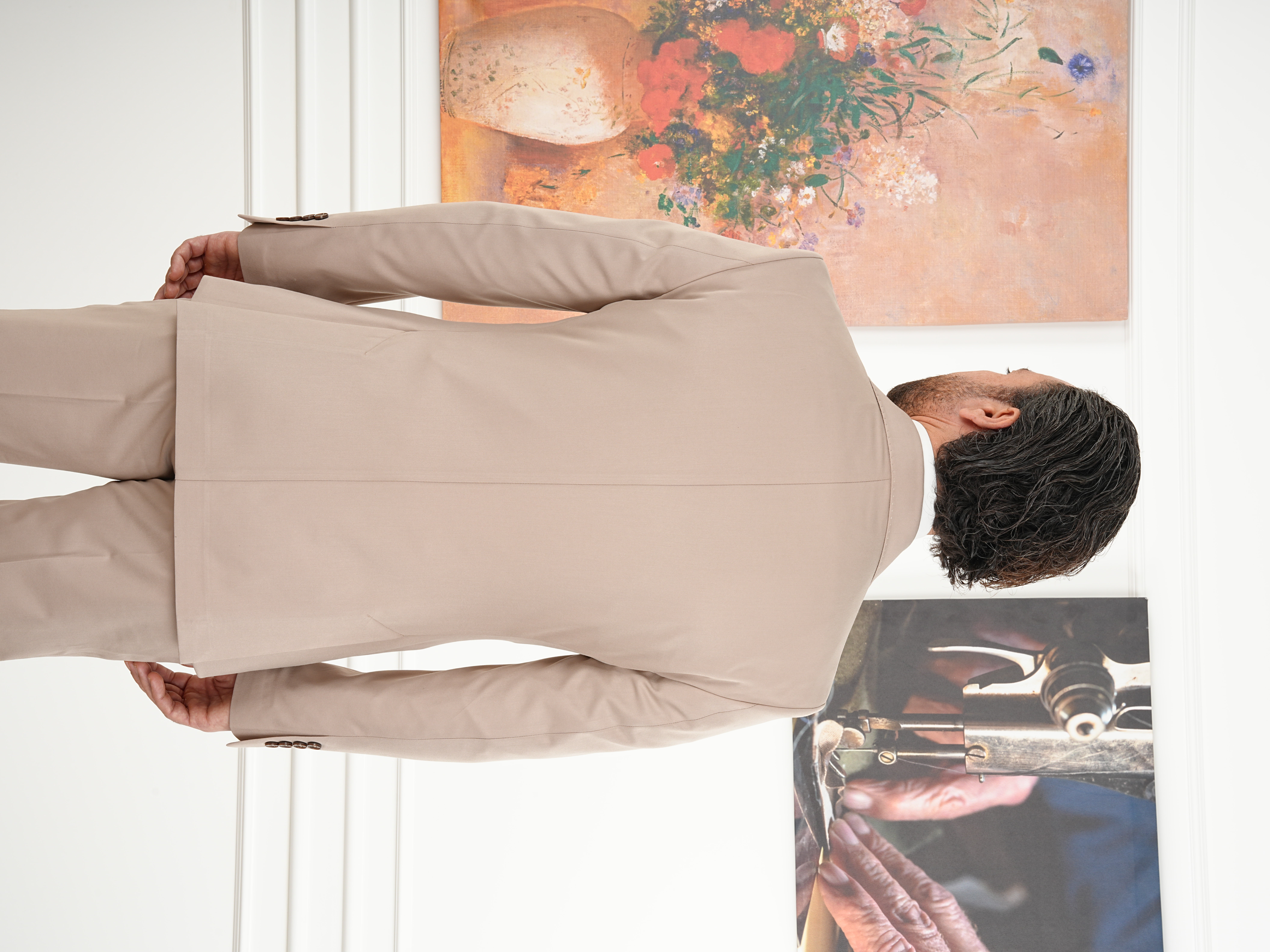 Erkek Slim Fit İtalyan Stil Kruvaze Takım Elbise Ceket Pantolon - Krem