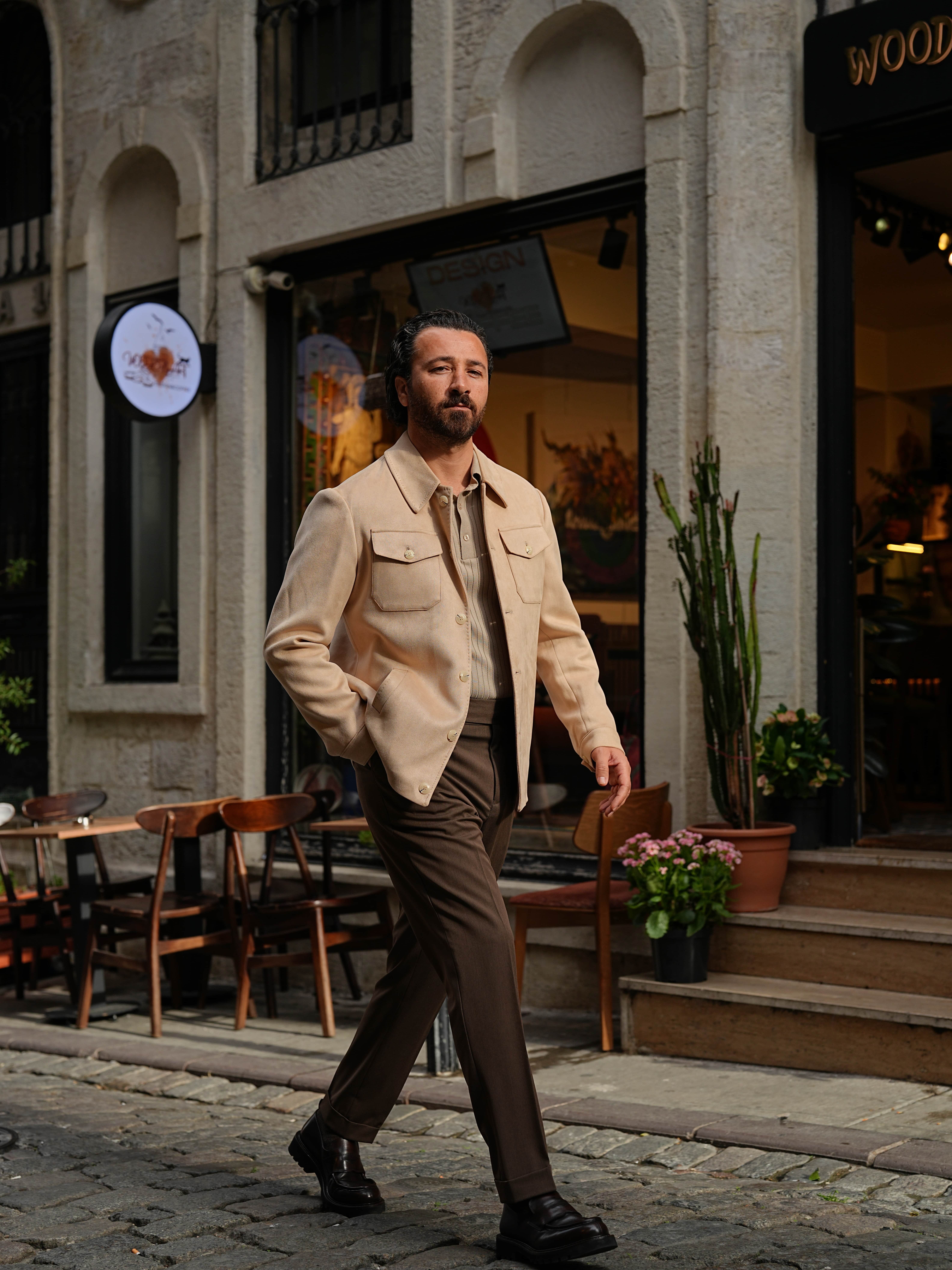 Erkek Slim Fit Cepli Nubuk Ceket - Bej