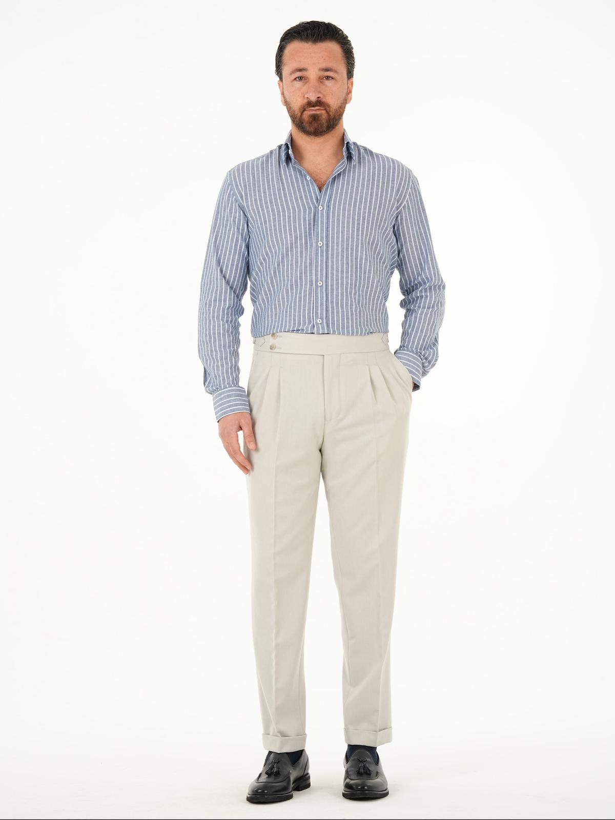 Premium Erkek Regular Fit Çizgili Keten Gömlek - Lacivert