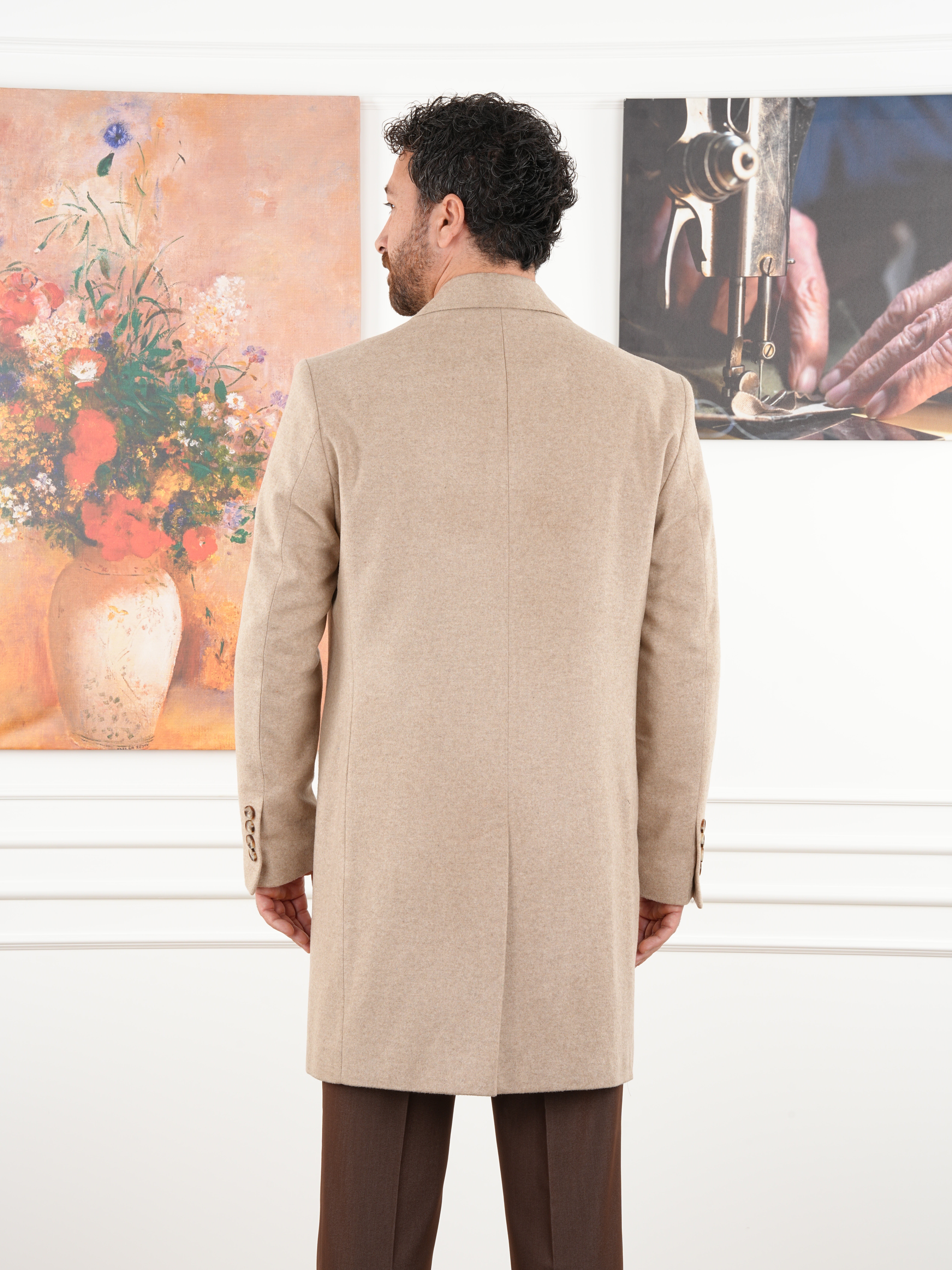 Erkek Premium İtalyan Stil Slim Fit Mono Yaka Kaşe Kaban - Krem