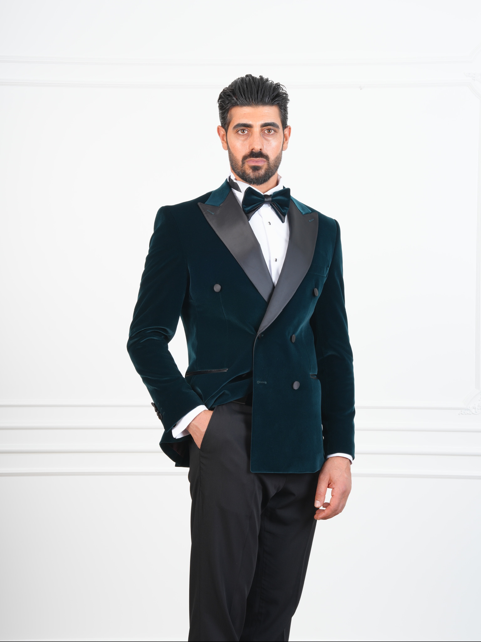 Erkek Premium Kadife Kruvaze Smokin Damatlık İtalyan Stil  Ceket Pantolon Papyon - Haki