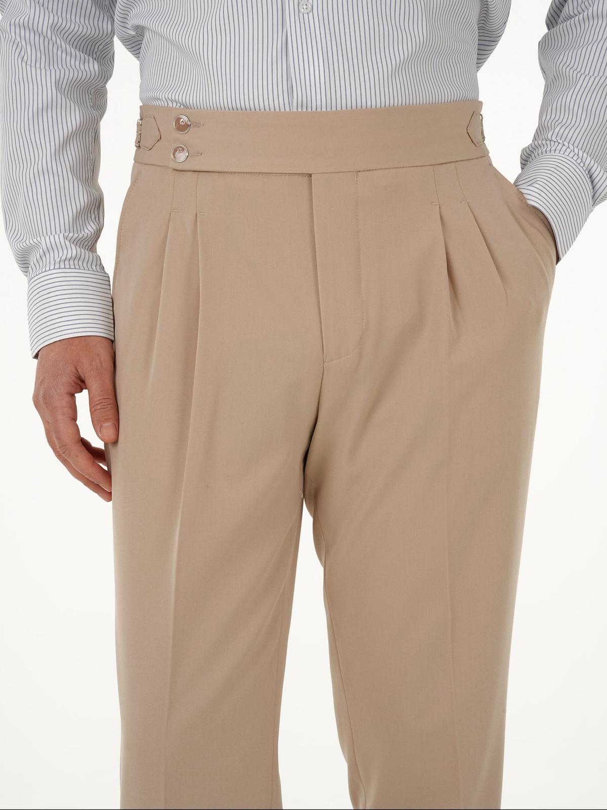 Erkek Regular Fit Yüksek Bel Piliseli Tokalı Kumaş Pantolon - Krem