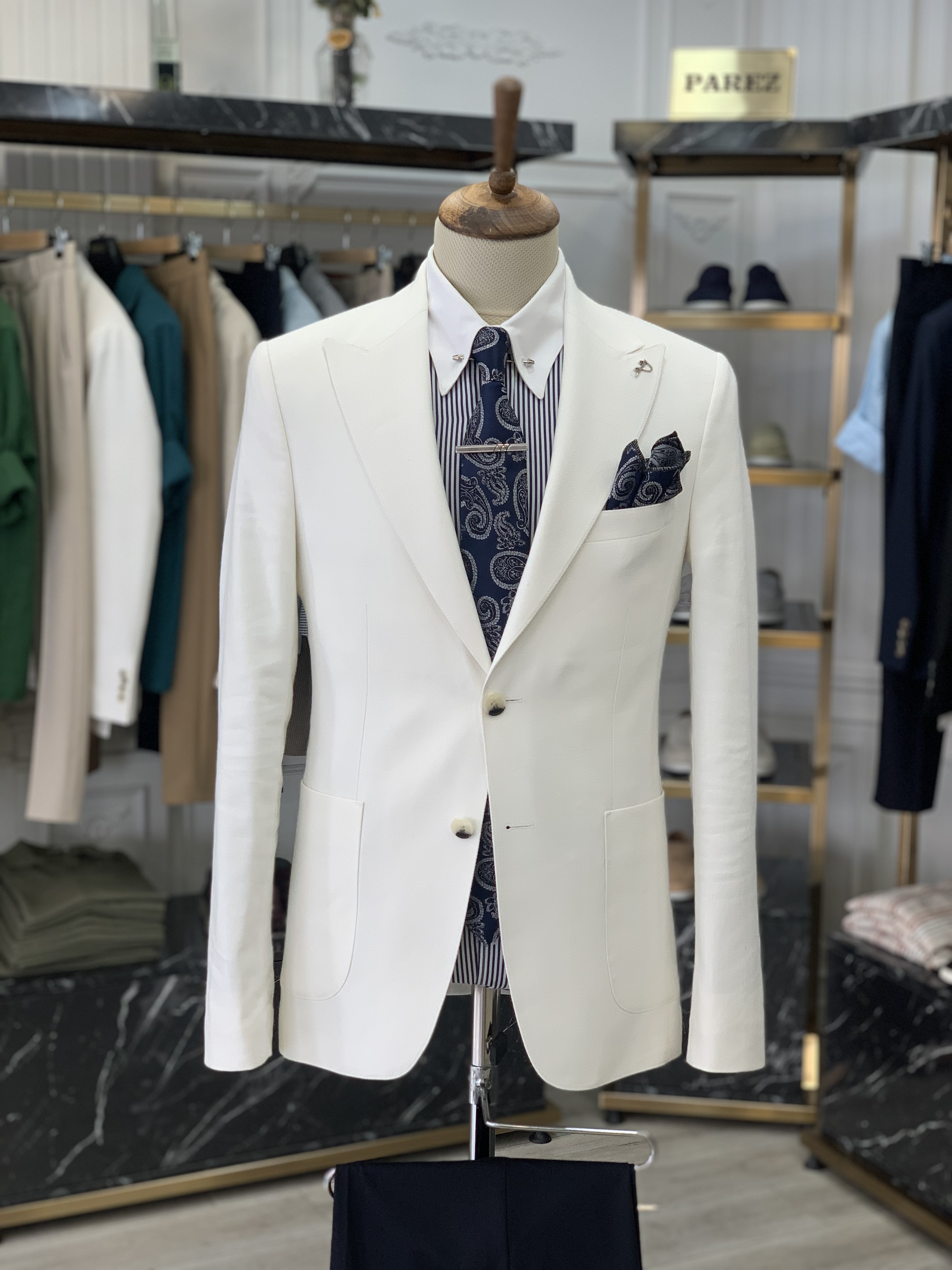 Erkek Ceket Sivri Yaka Tulum Cebli Yarım Astarlı Slim fit İtalyan Stil-Beyaz
