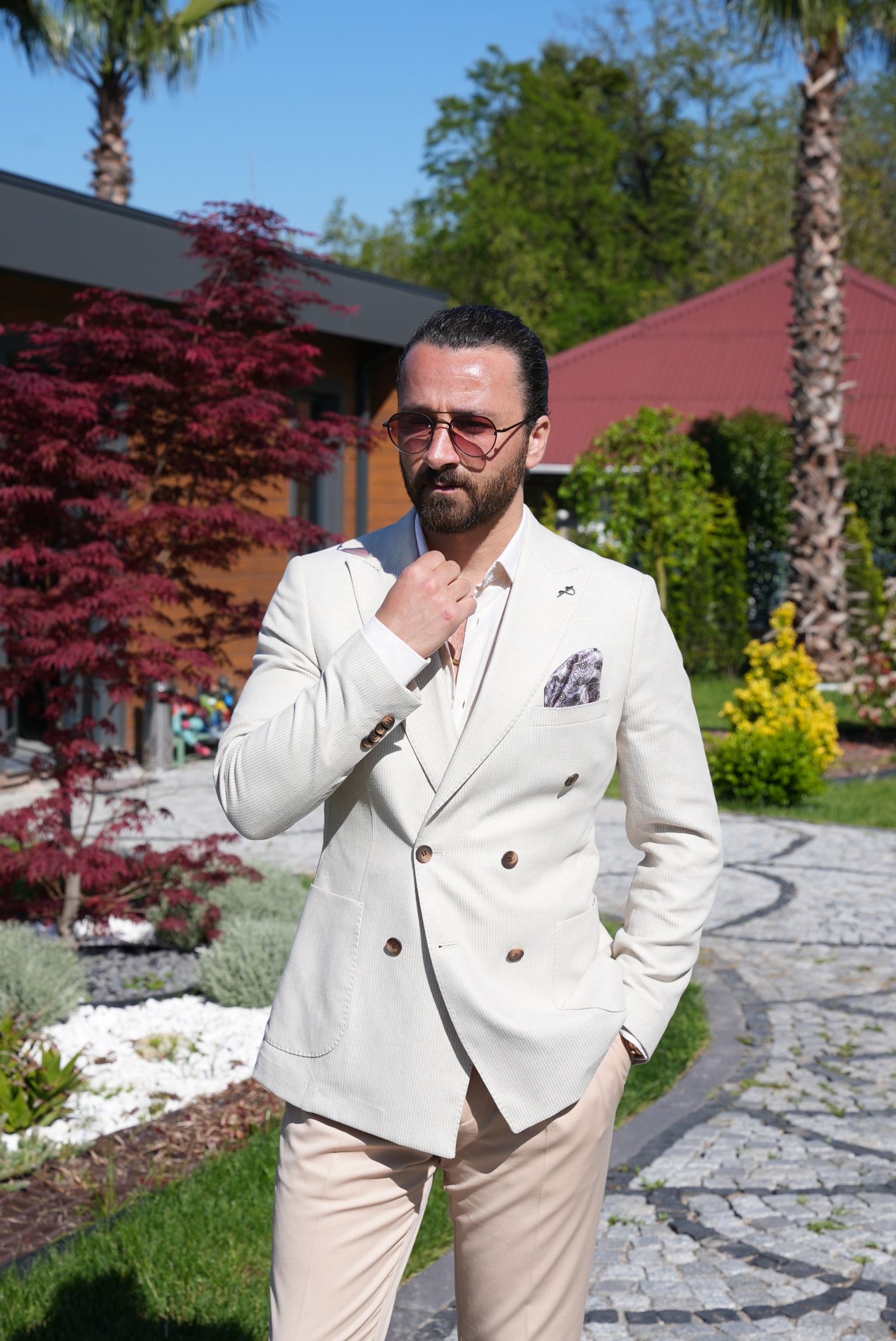Erkek Kruvaze Ceket Sivri Yaka Torba Cebli  Astarsız Slim fit İtalyan Stil - Bej