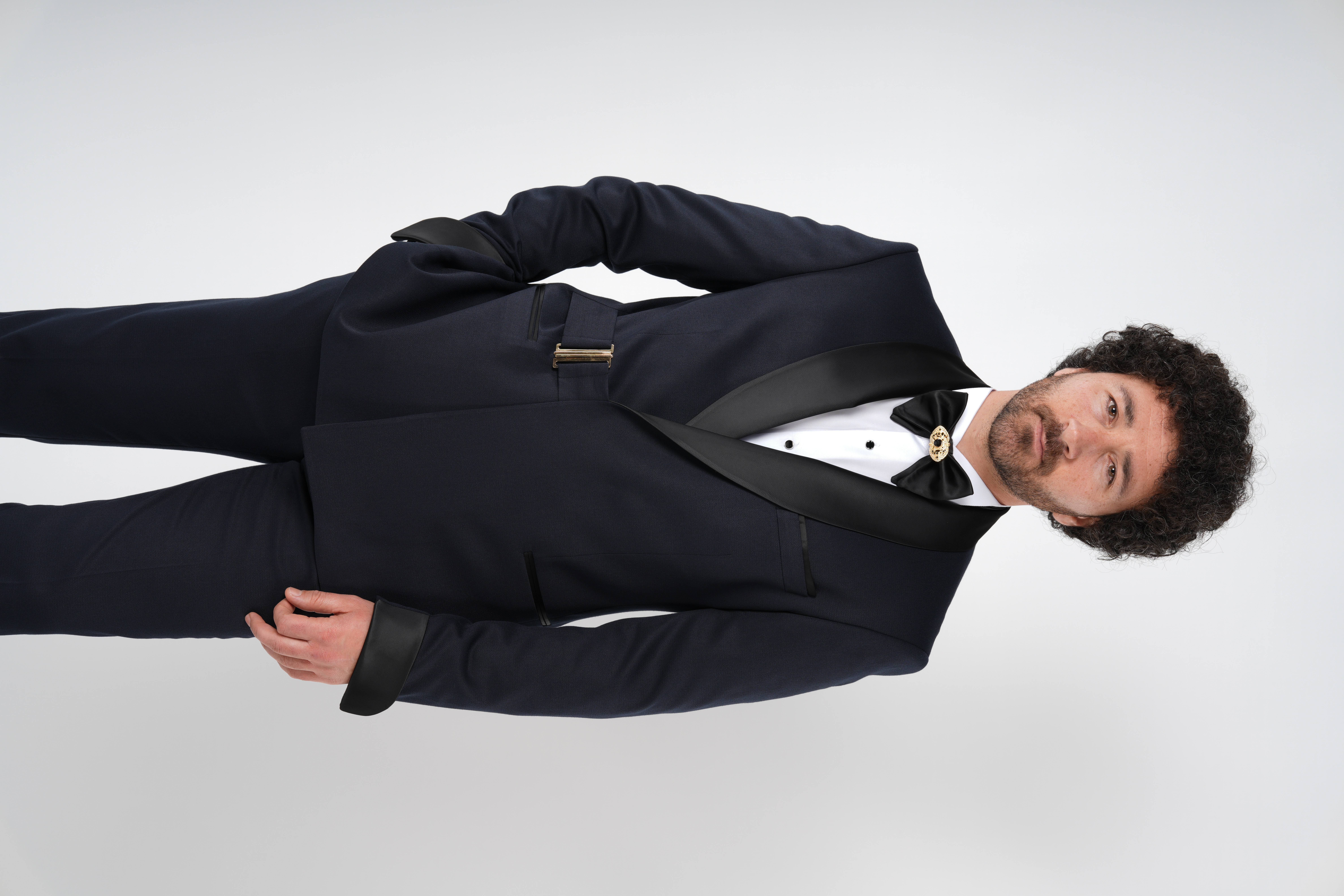 Erkek Kruvaze Smokin Damatlık Gold Toka Kol Manşetli Şal Yaka İtalyan Stil Slim Fit Ceket Pantolon Papyon-Lacivert