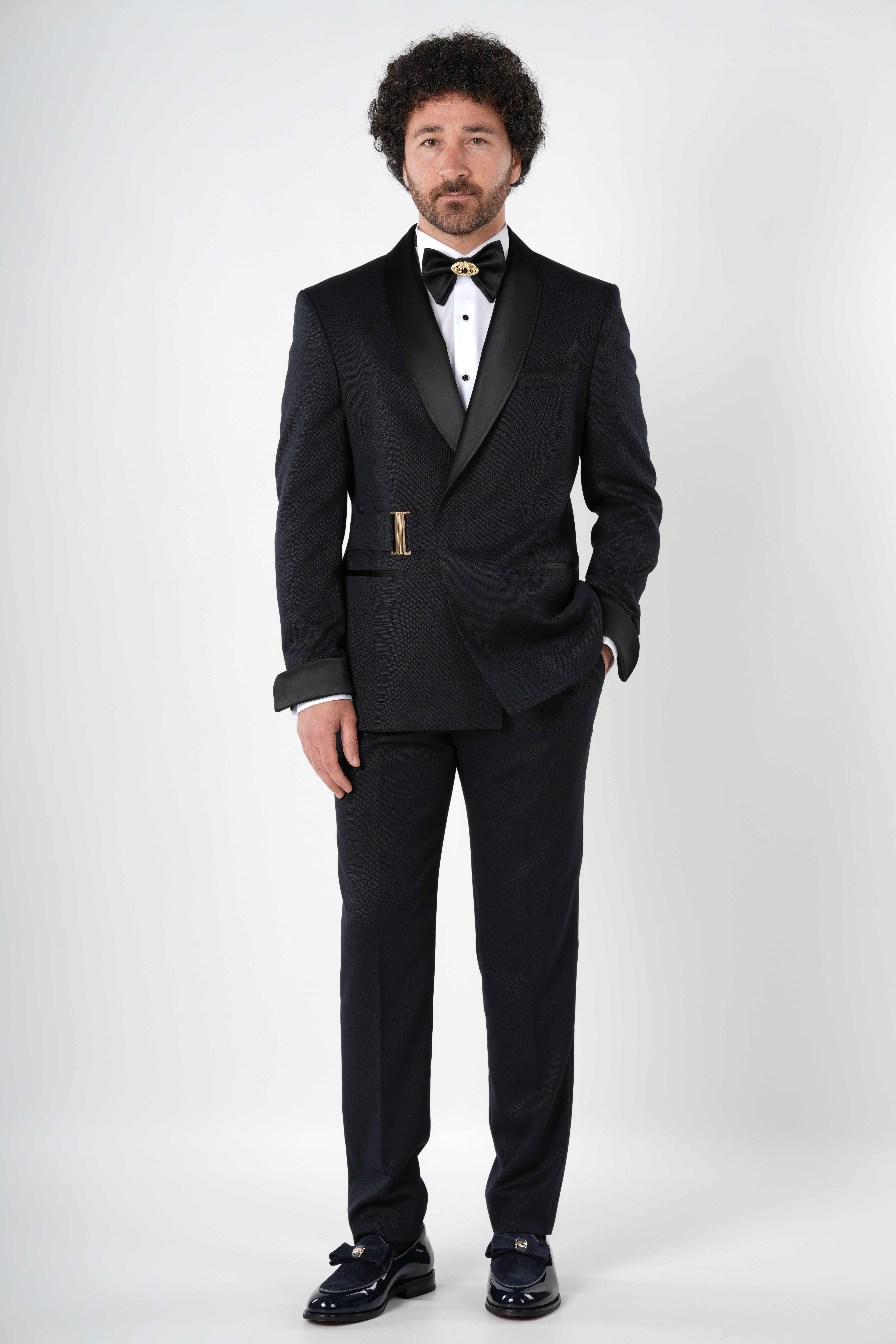 Erkek Kruvaze Smokin Damatlık Gold Toka Kol Manşetli Şal Yaka İtalyan Stil Slim Fit Ceket Pantolon Papyon-Koyu Lacivert