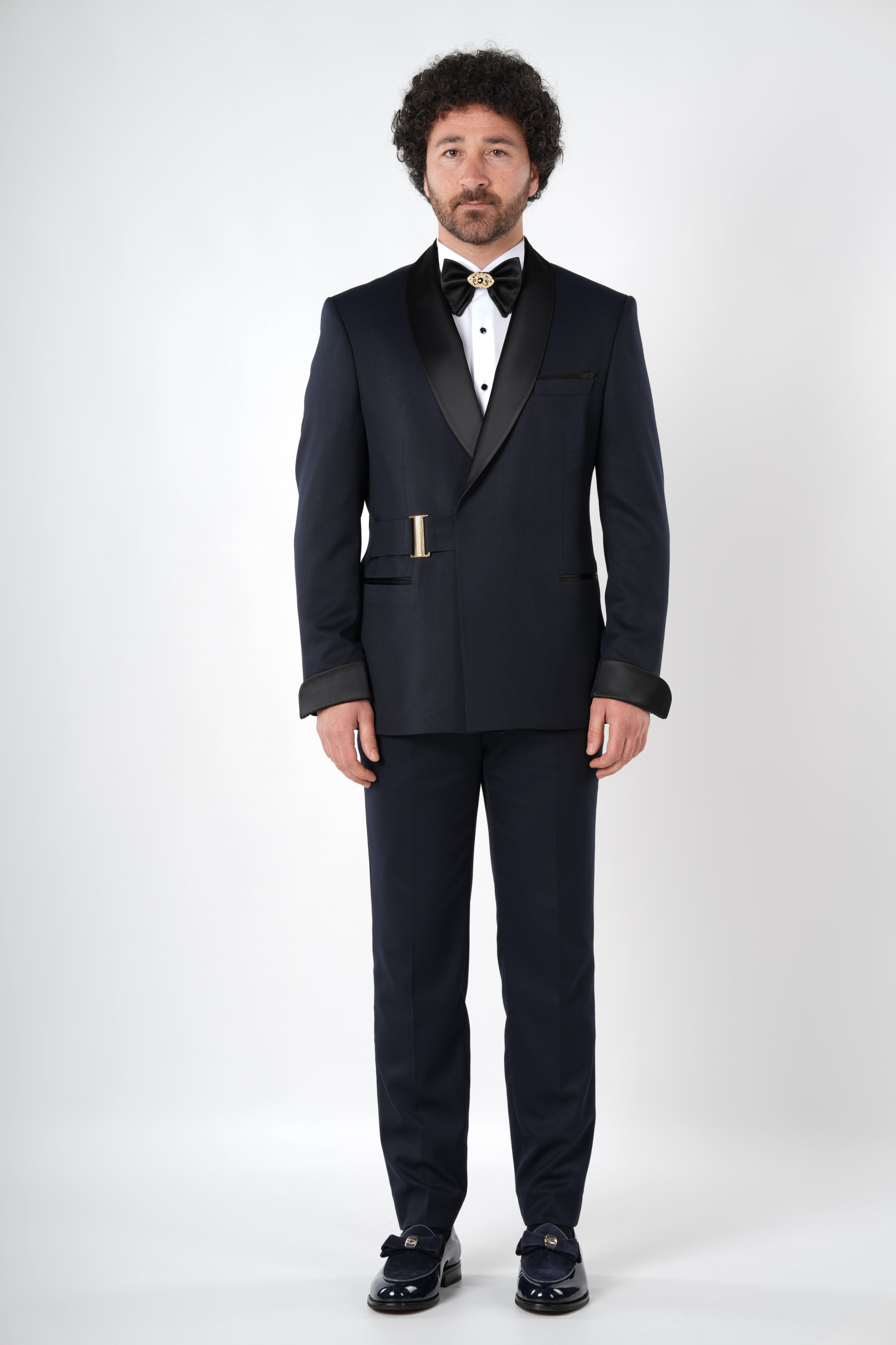 Erkek Kruvaze Smokin Damatlık Gold Toka Kol Manşetli Şal Yaka İtalyan Stil Slim Fit Ceket Pantolon Papyon-Lacivert
