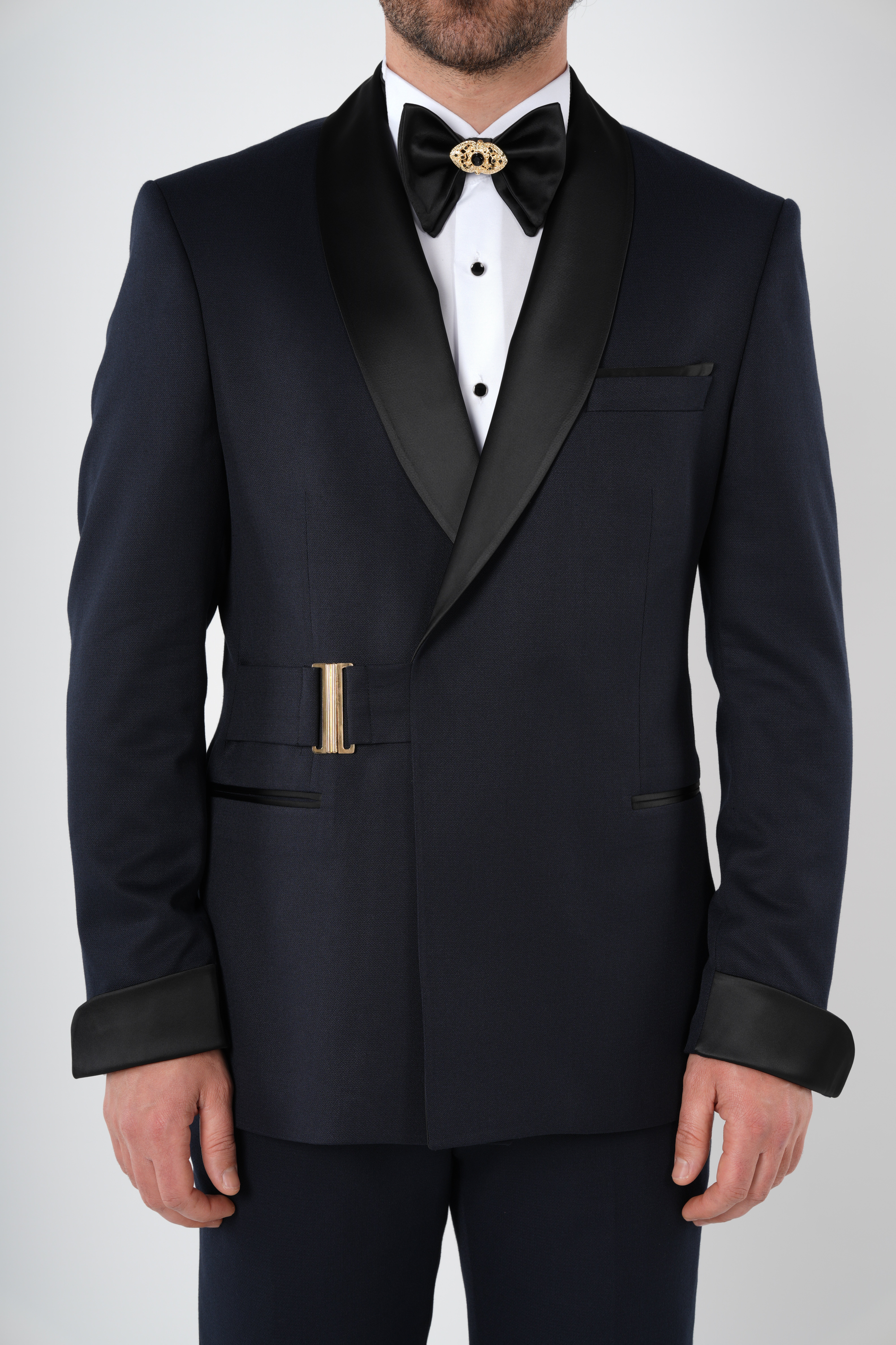 Erkek Kruvaze Smokin Damatlık Gold Toka Kol Manşetli Şal Yaka İtalyan Stil Slim Fit Ceket Pantolon Papyon-Lacivert