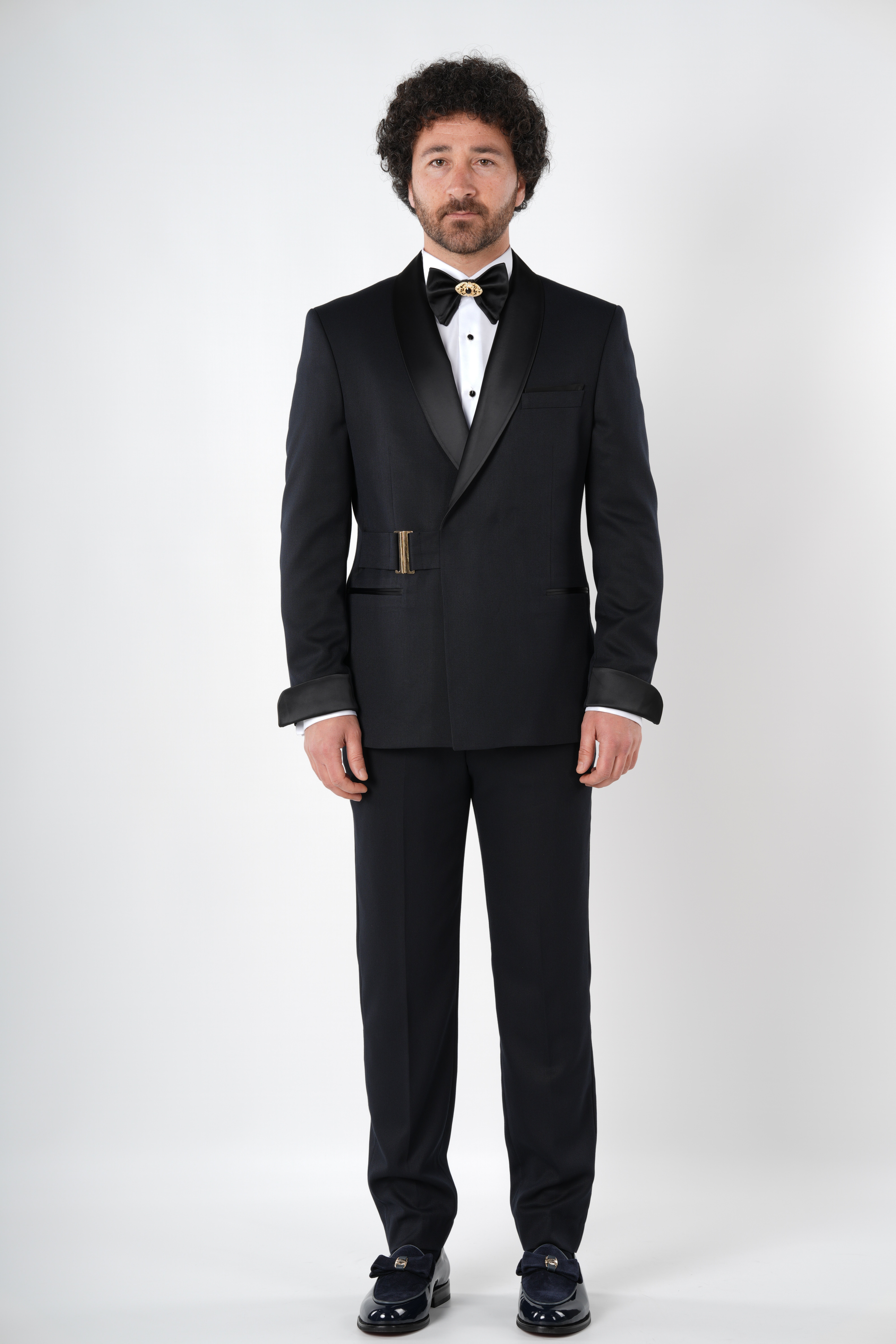 Erkek Kruvaze Smokin Damatlık Gold Toka Kol Manşetli Şal Yaka İtalyan Stil Slim Fit Ceket Pantolon Papyon-Koyu Lacivert