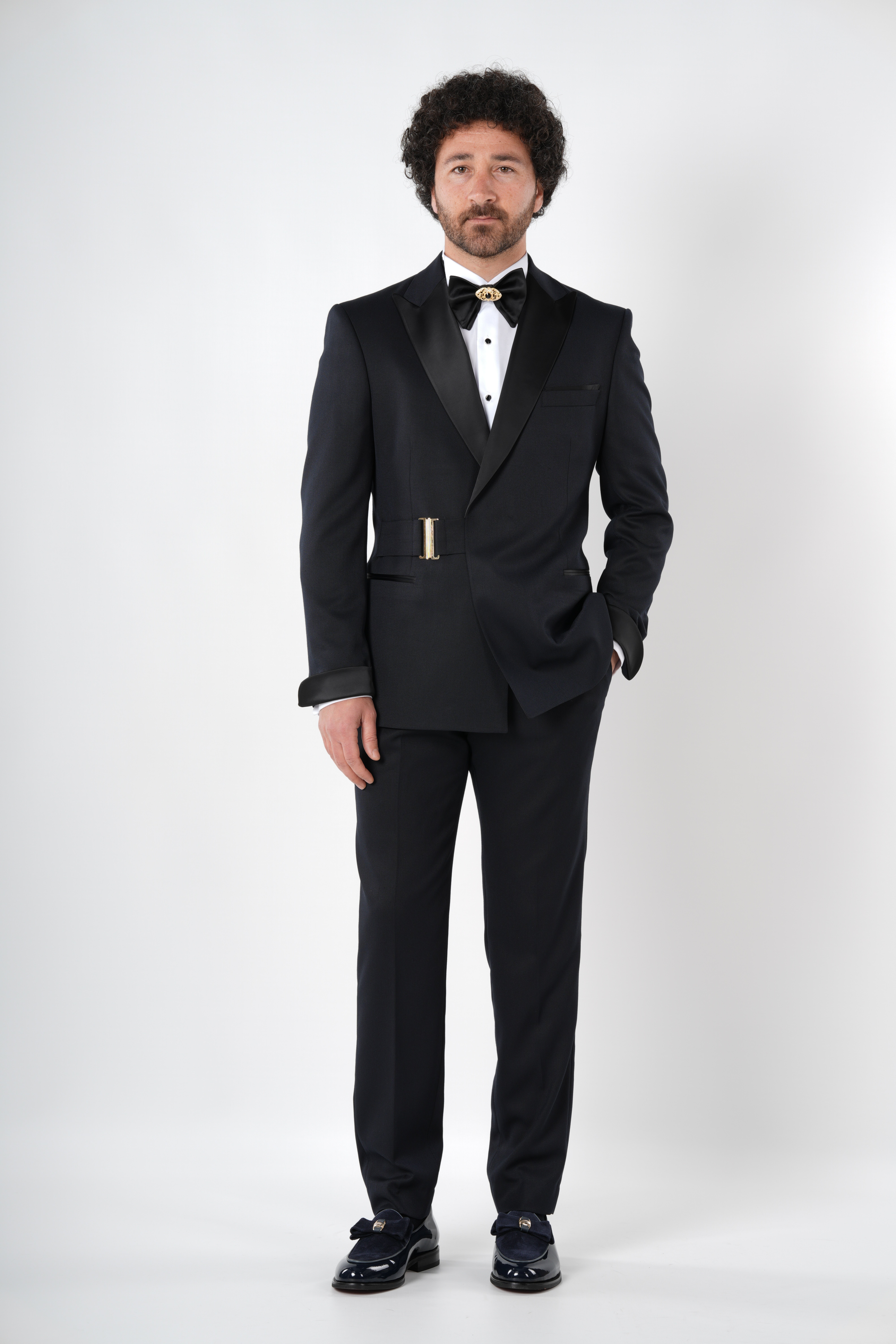 Erkek Kruvaze Smokin Damatlık Manşet Kollu Kırlangıç Yaka İtalyan Stil Slim Fit Ceket Pantolon Papyon-Koyu Lacivert