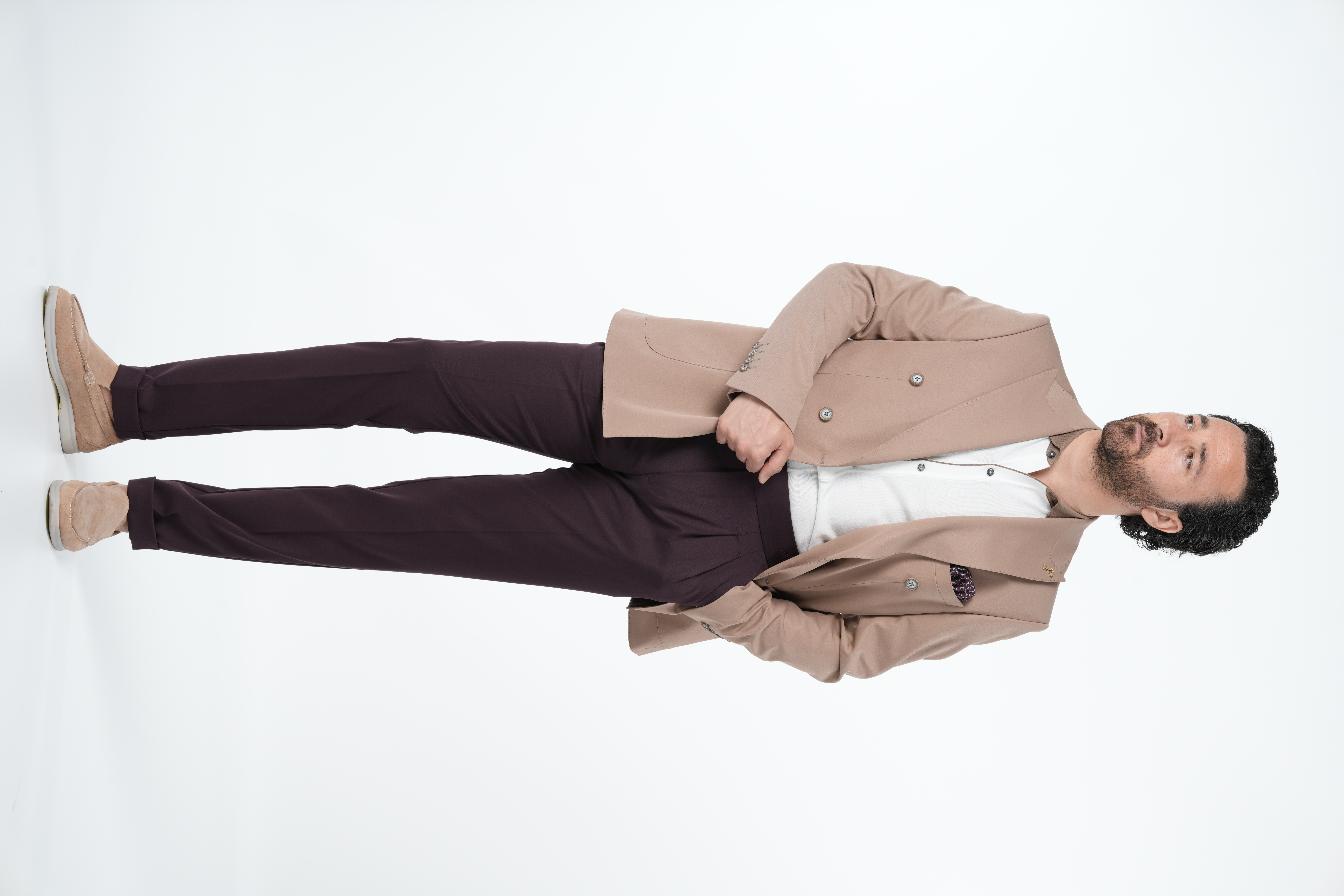 Giacca da uomo premium in stile italiano slim fit con tasca a borsa cucita a punto, mezza foderata, doppiopetto - Marrone chiaro