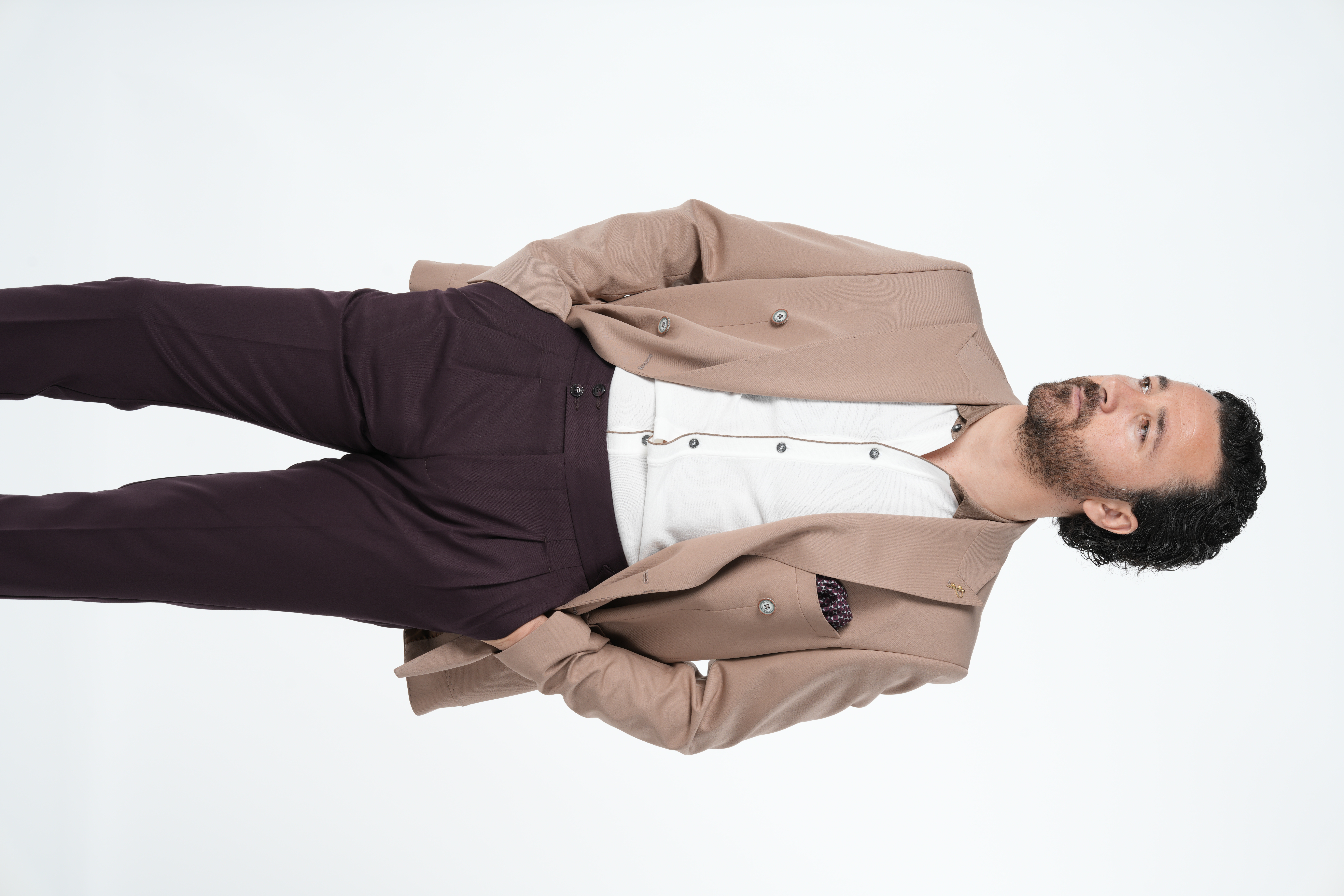 Giacca da uomo premium in stile italiano slim fit con tasca a borsa cucita a punto, mezza foderata, doppiopetto - Marrone chiaro
