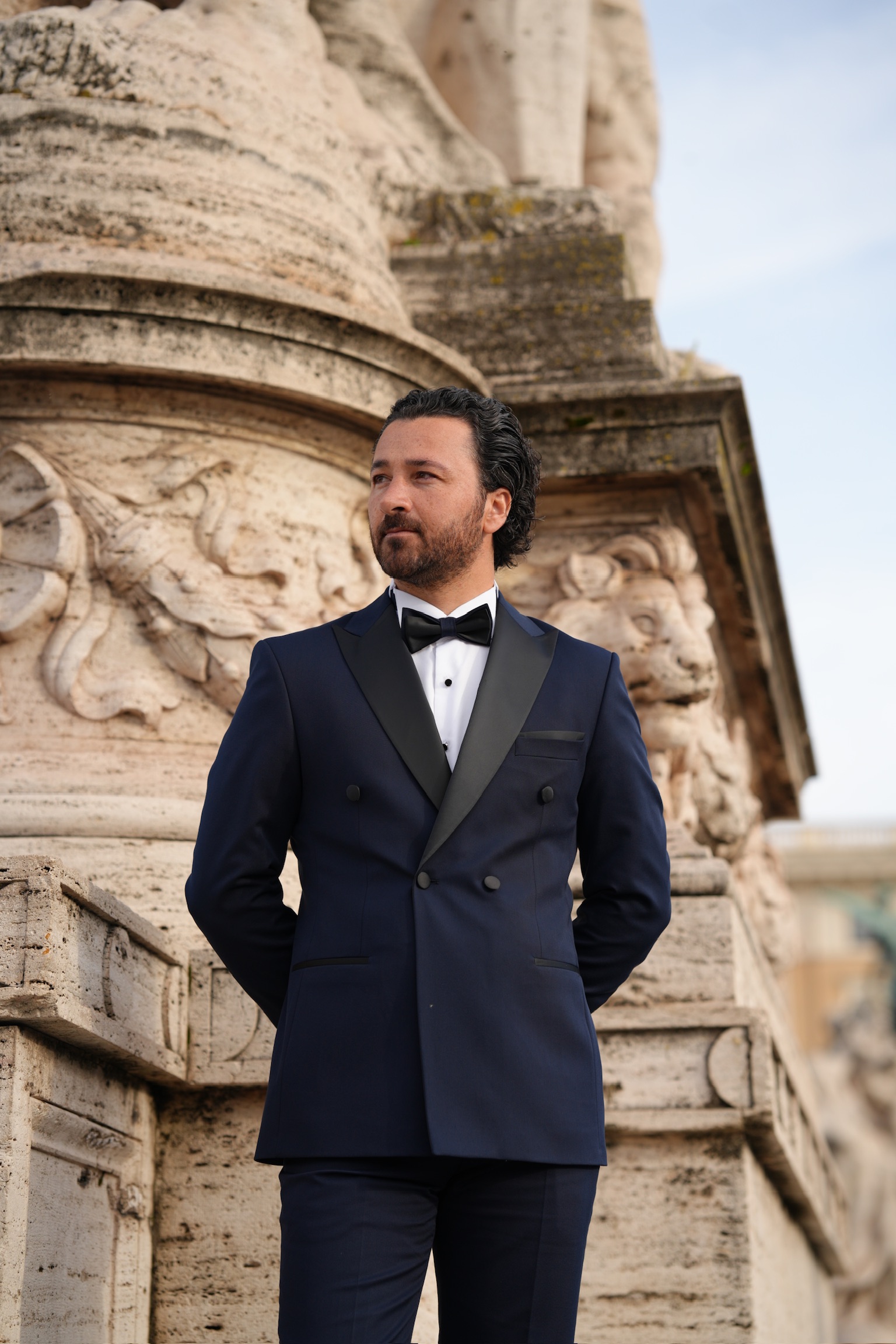 Erkek Premium Kruvaze Smokin Damatlık İtalyan Stil  Ceket Pantolon Papyon- Lacivert - Lacivert