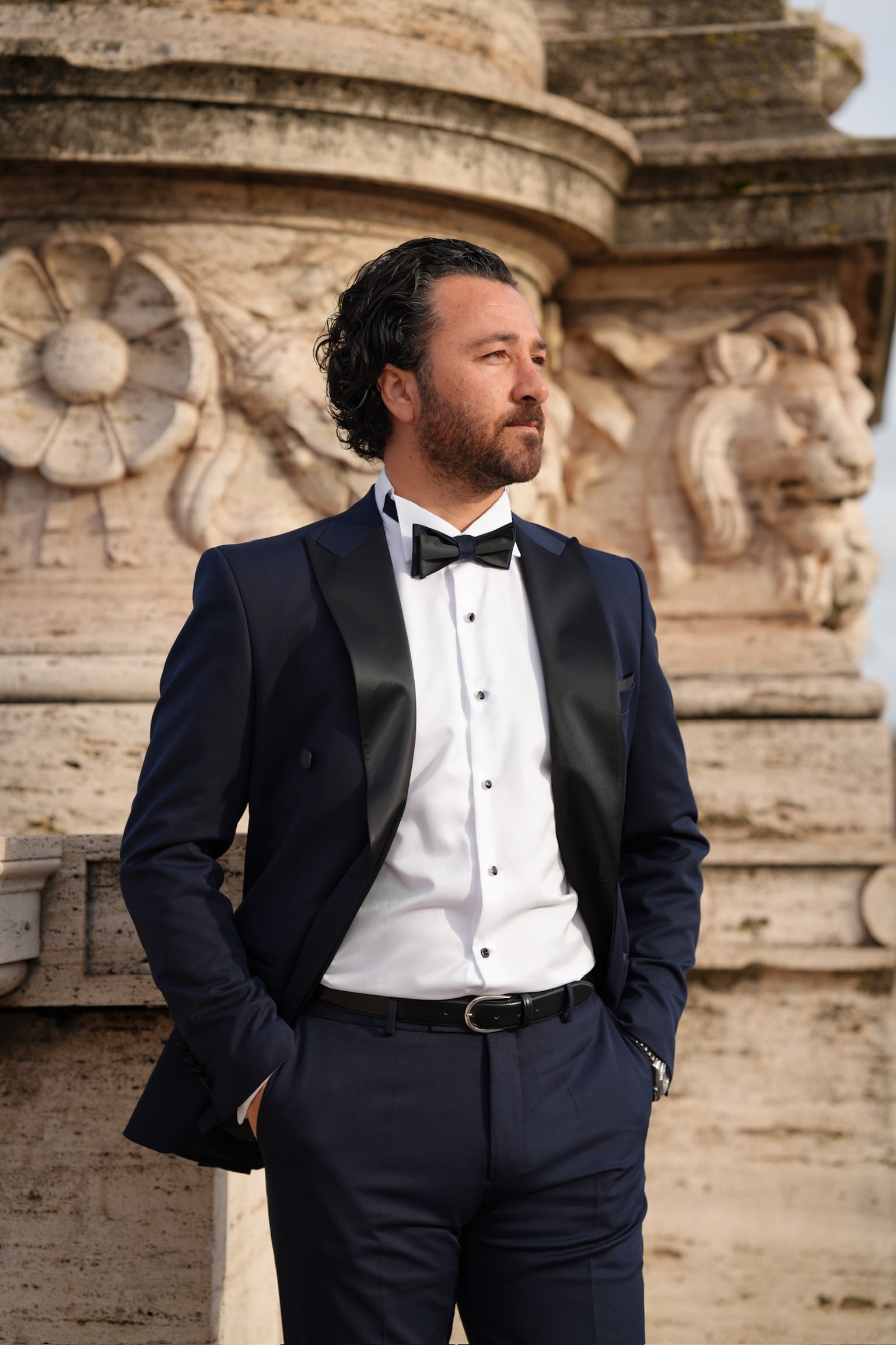 Erkek Premium Kruvaze Smokin Damatlık İtalyan Stil  Ceket Pantolon Papyon- Lacivert - Lacivert