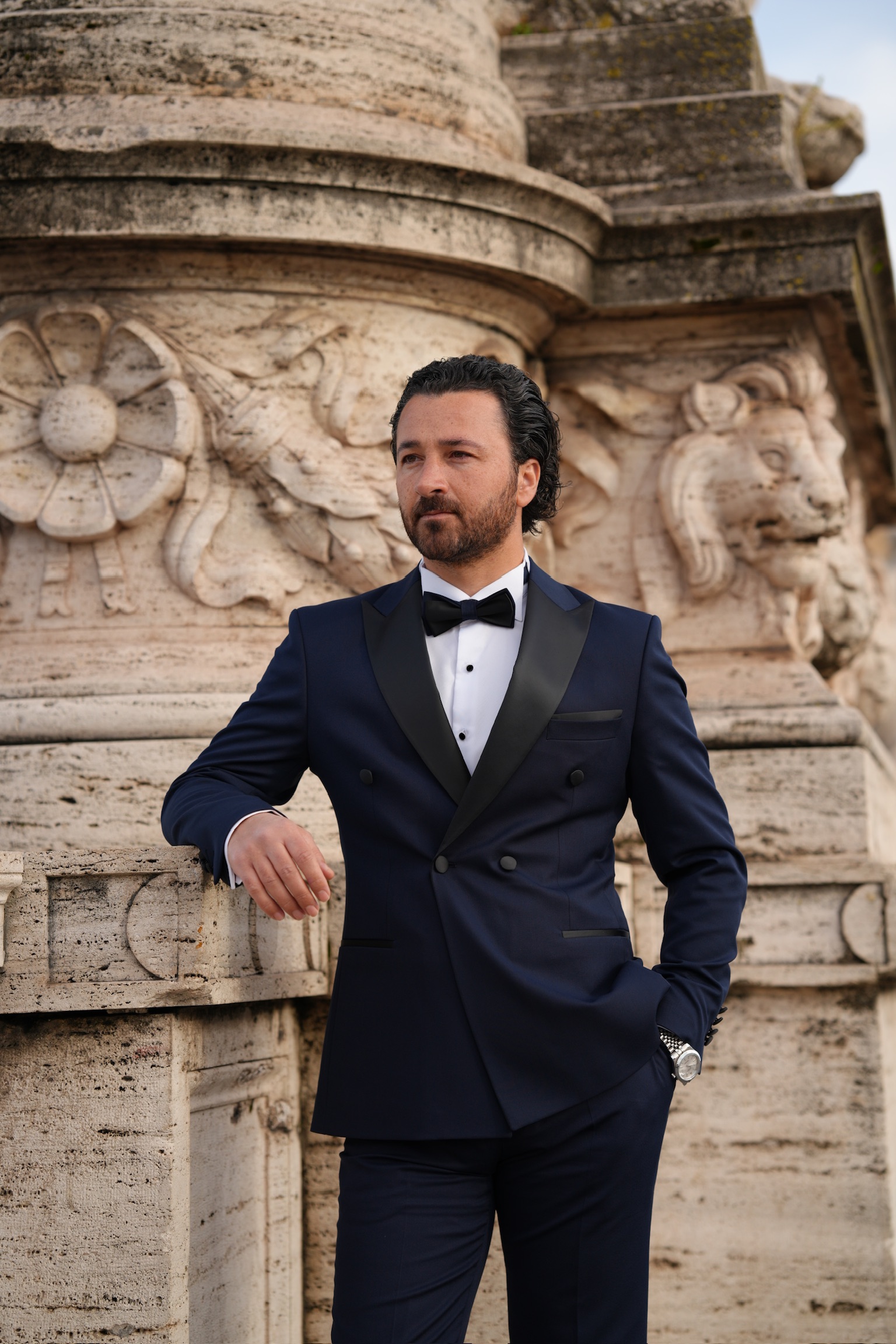 Erkek Premium Kruvaze Smokin Damatlık İtalyan Stil  Ceket Pantolon Papyon- Lacivert - Lacivert