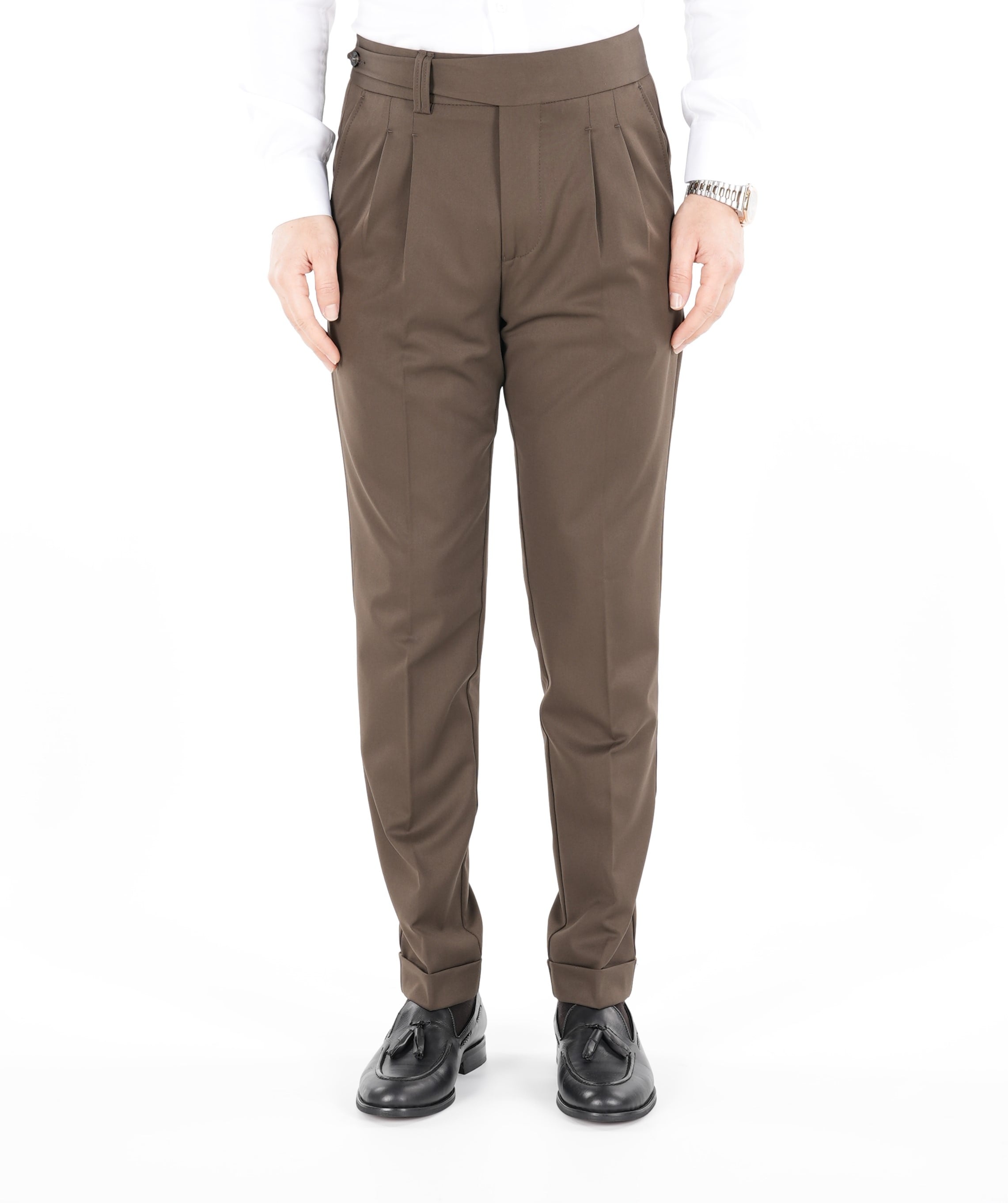 Mens Slim Fit Italian Style Pleated Lycra Canvas Trousers - Milk Brown