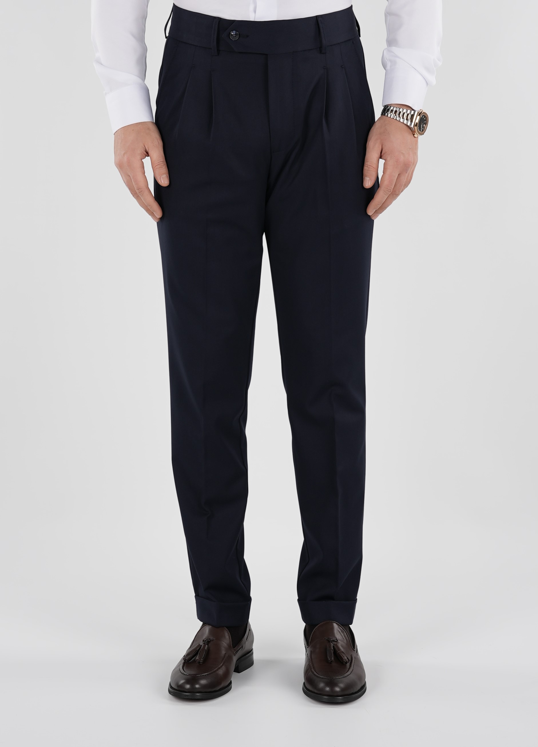 Pantaloni da uomo in tela di lycra plissettata stile italiano slim fit-blu navy