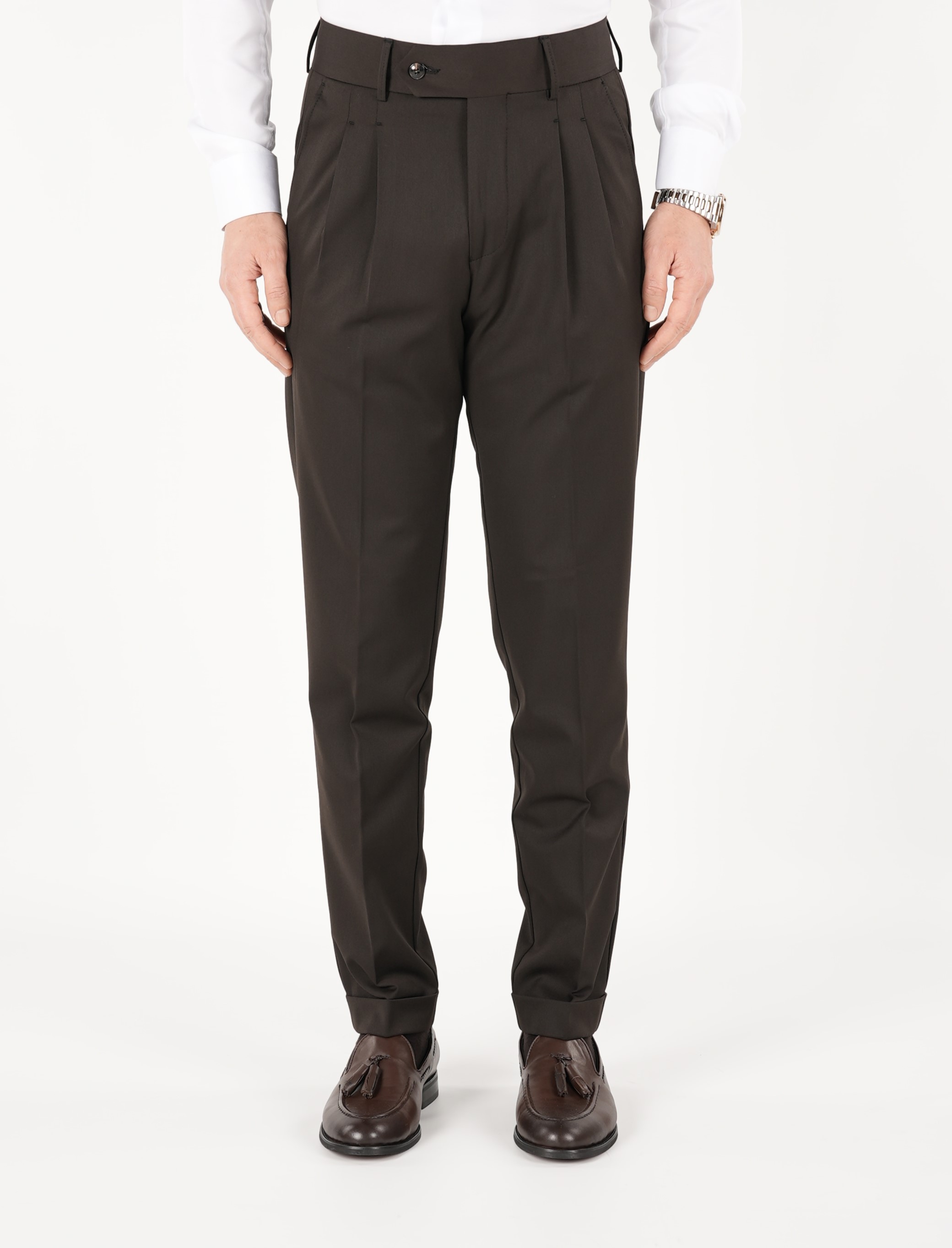 Pantaloni da uomo in tela di lycra plissettata stile italiano slim fit - Marrone amaro
