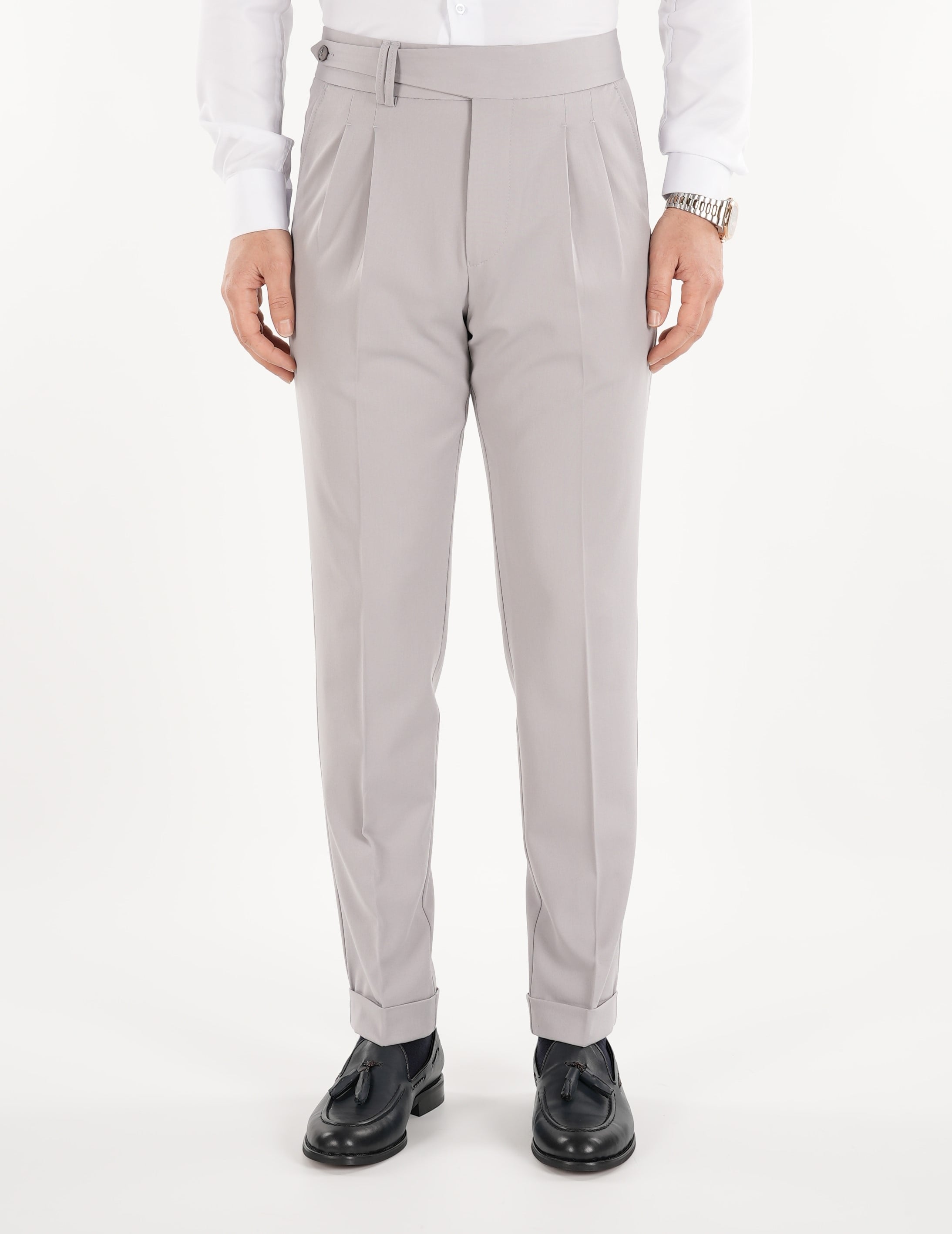 Mens Slim Fit Italian Style Pleated Lycra Canvas Trousers - Light Gray