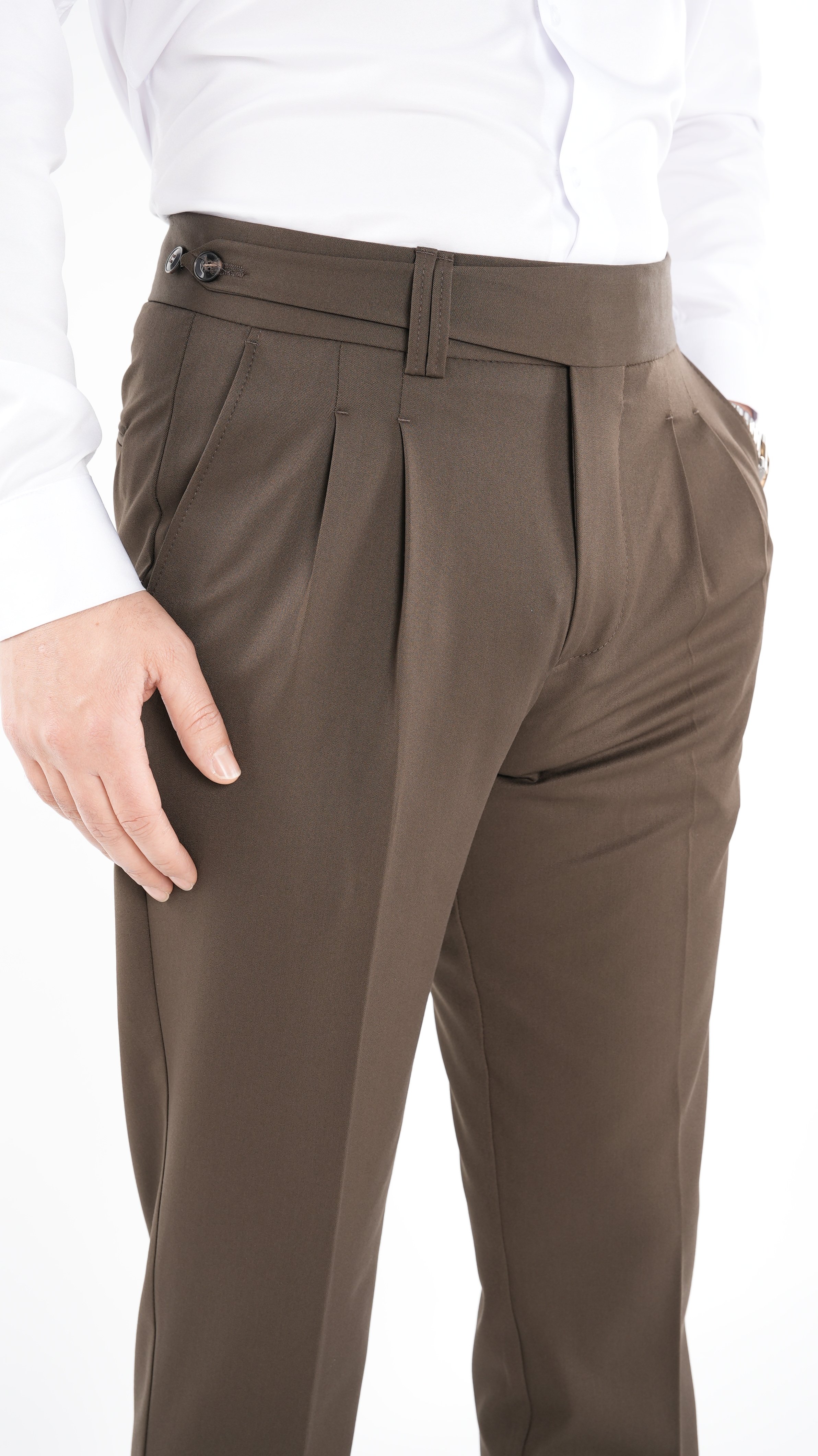 Mens Slim Fit Italian Style Pleated Lycra Canvas Trousers - Milk Brown