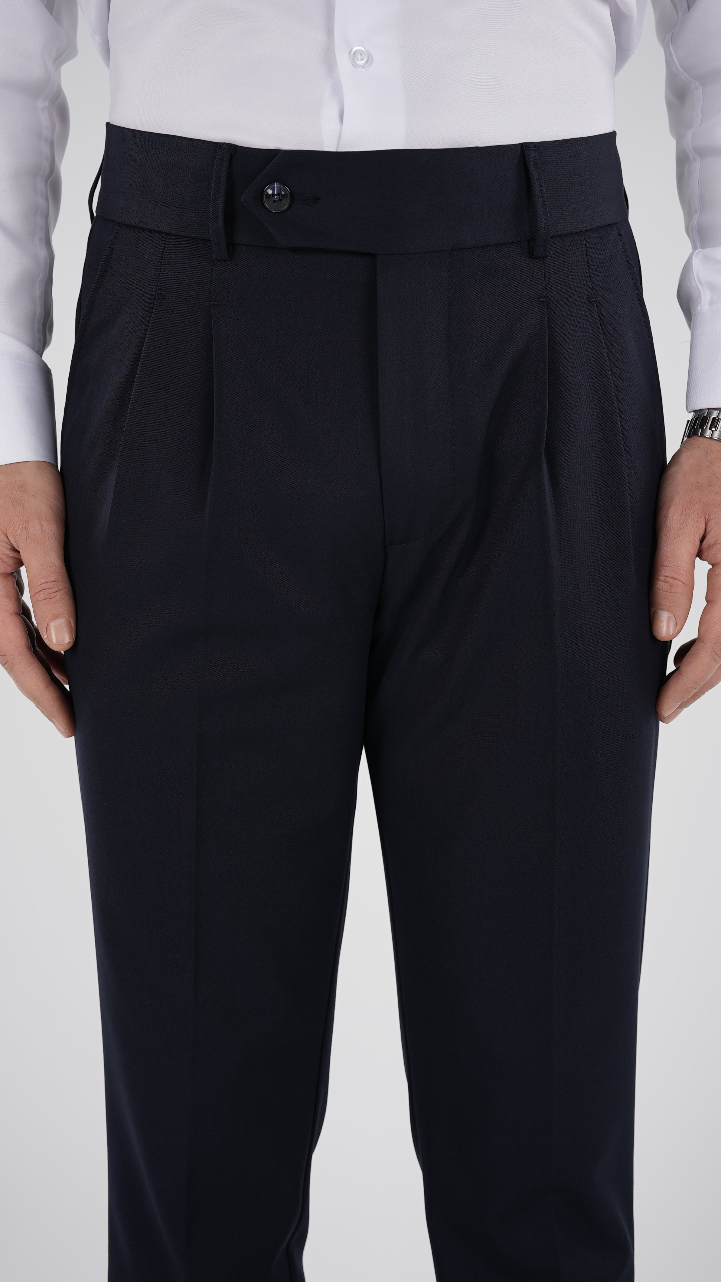 Pantaloni da uomo in tela di lycra plissettata stile italiano slim fit-blu navy