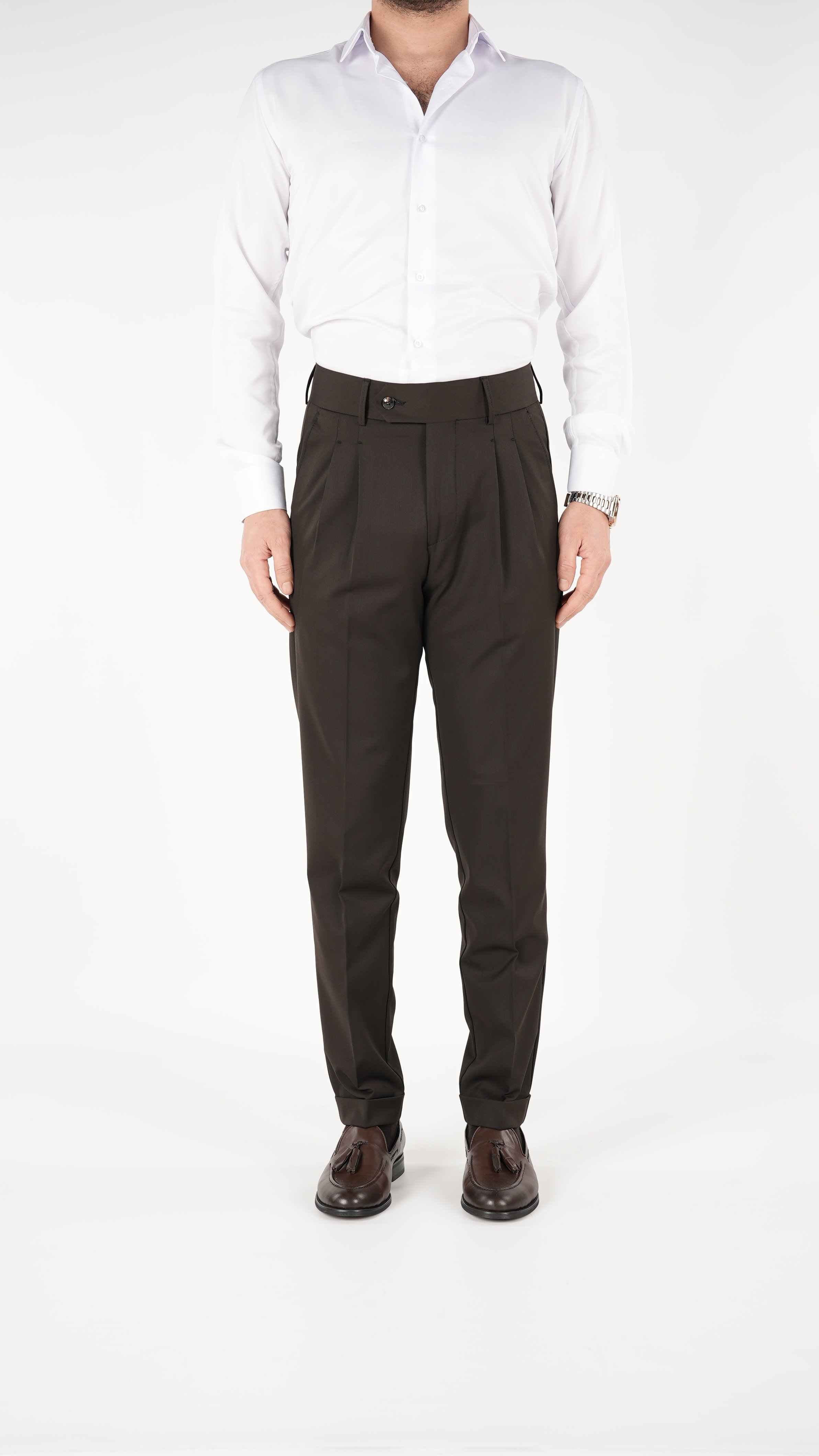 Pantaloni da uomo in tela di lycra plissettata stile italiano slim fit - Marrone amaro
