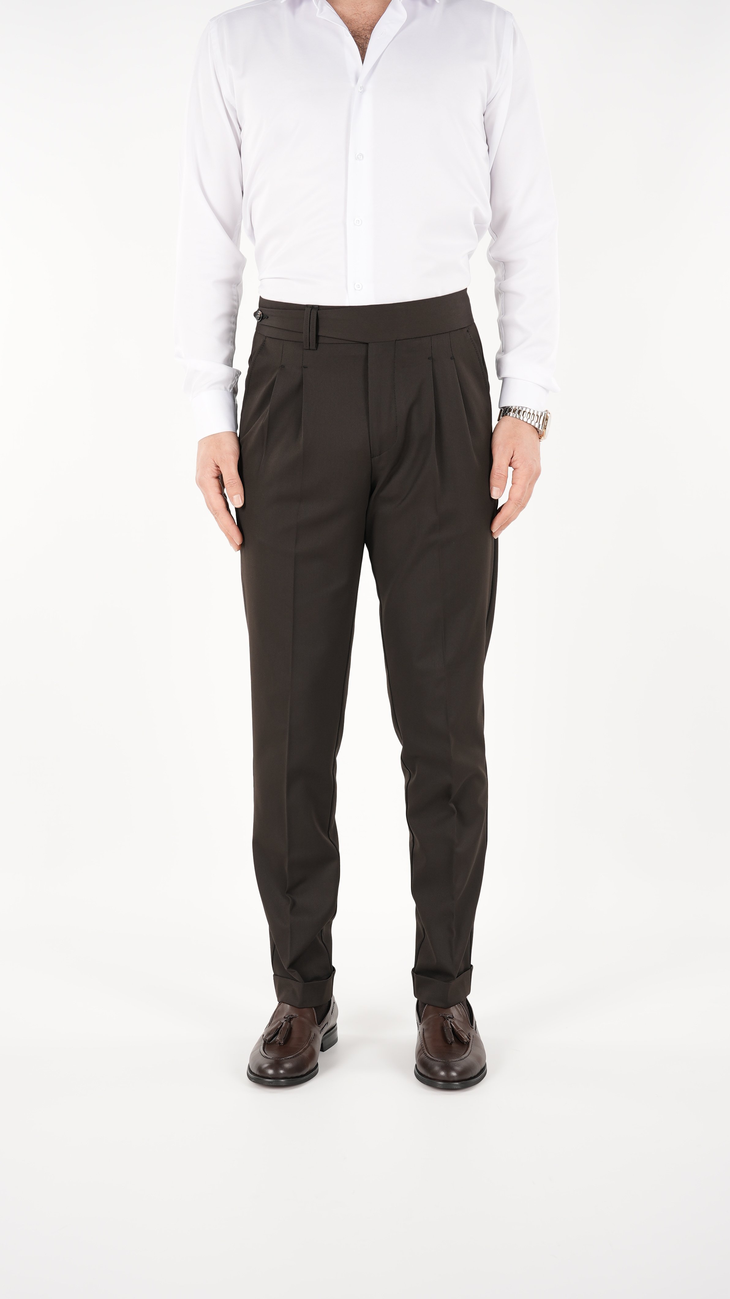 Mens Slim Fit Italian Style Pleated Lycra Canvas Trousers - Bitter Brown
