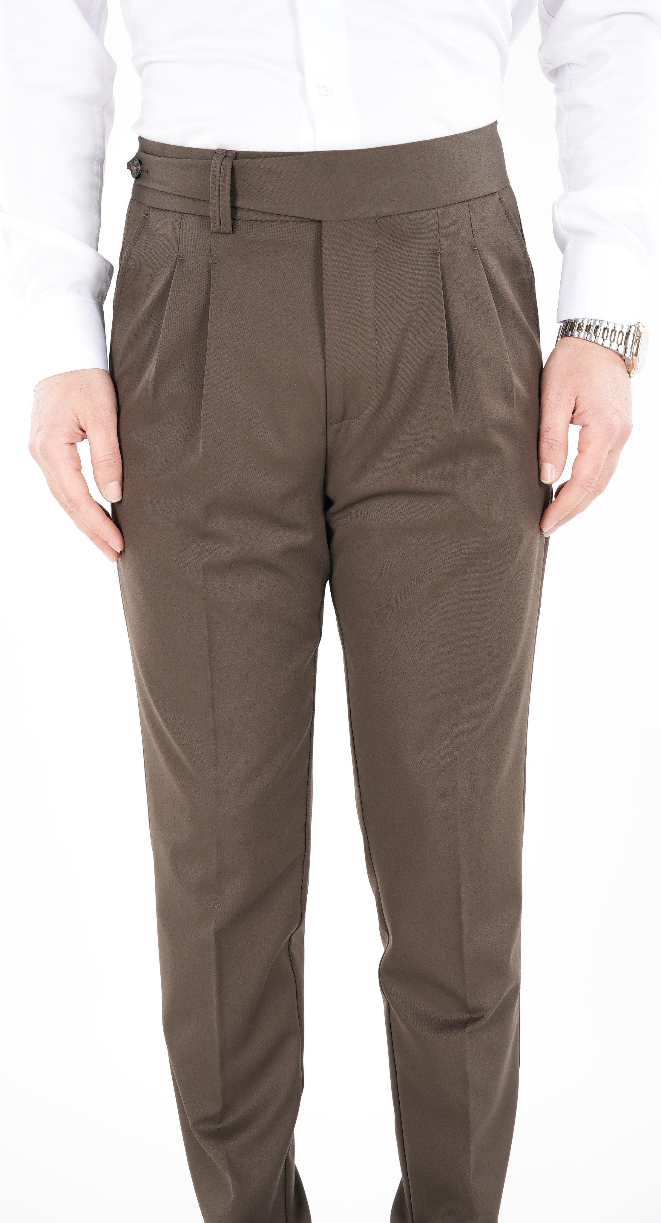 Mens Slim Fit Italian Style Pleated Lycra Canvas Trousers - Milk Brown