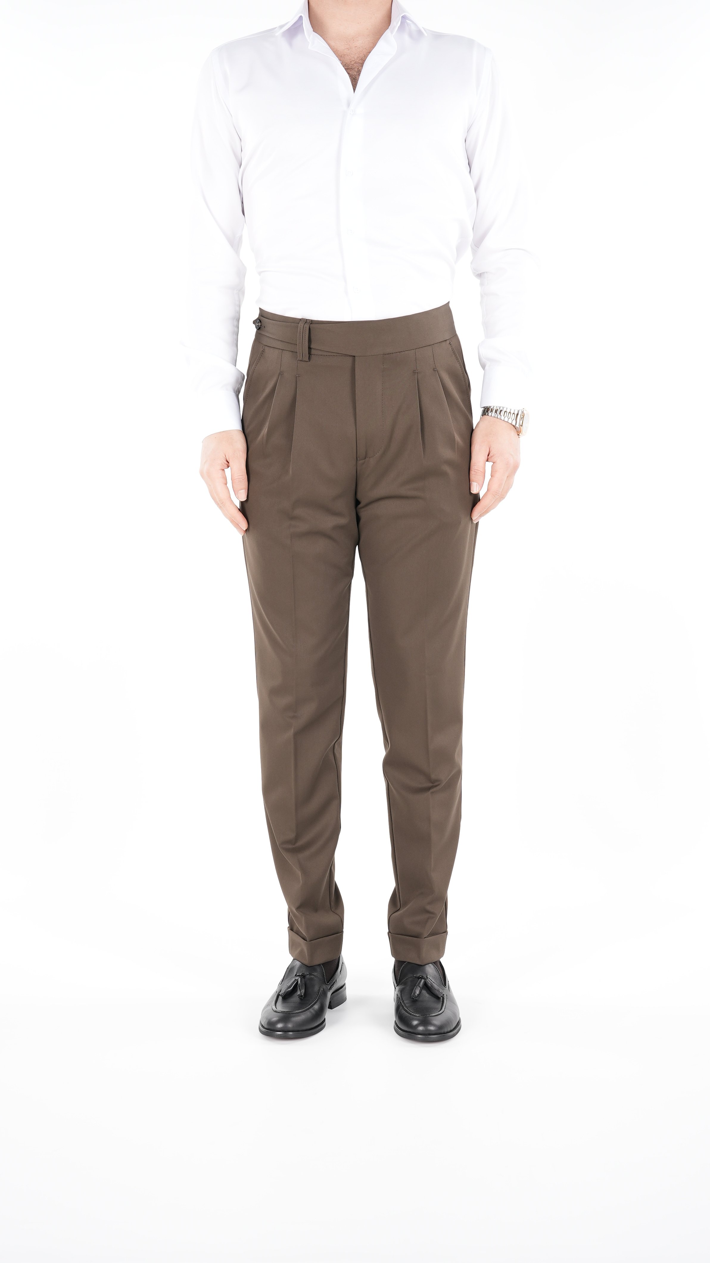 Mens Slim Fit Italian Style Pleated Lycra Canvas Trousers - Milk Brown