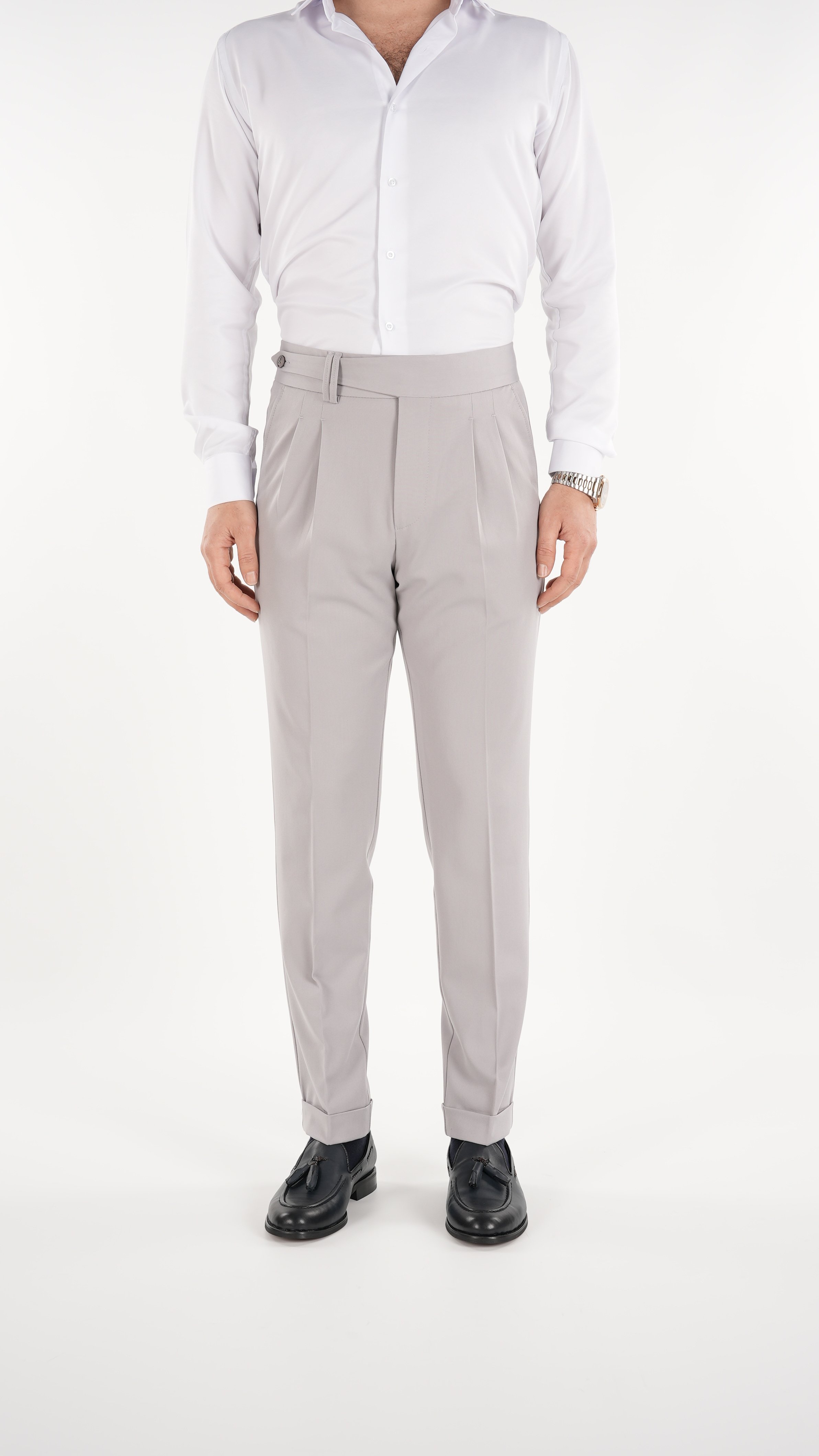 Mens Slim Fit Italian Style Pleated Lycra Canvas Trousers - Light Gray
