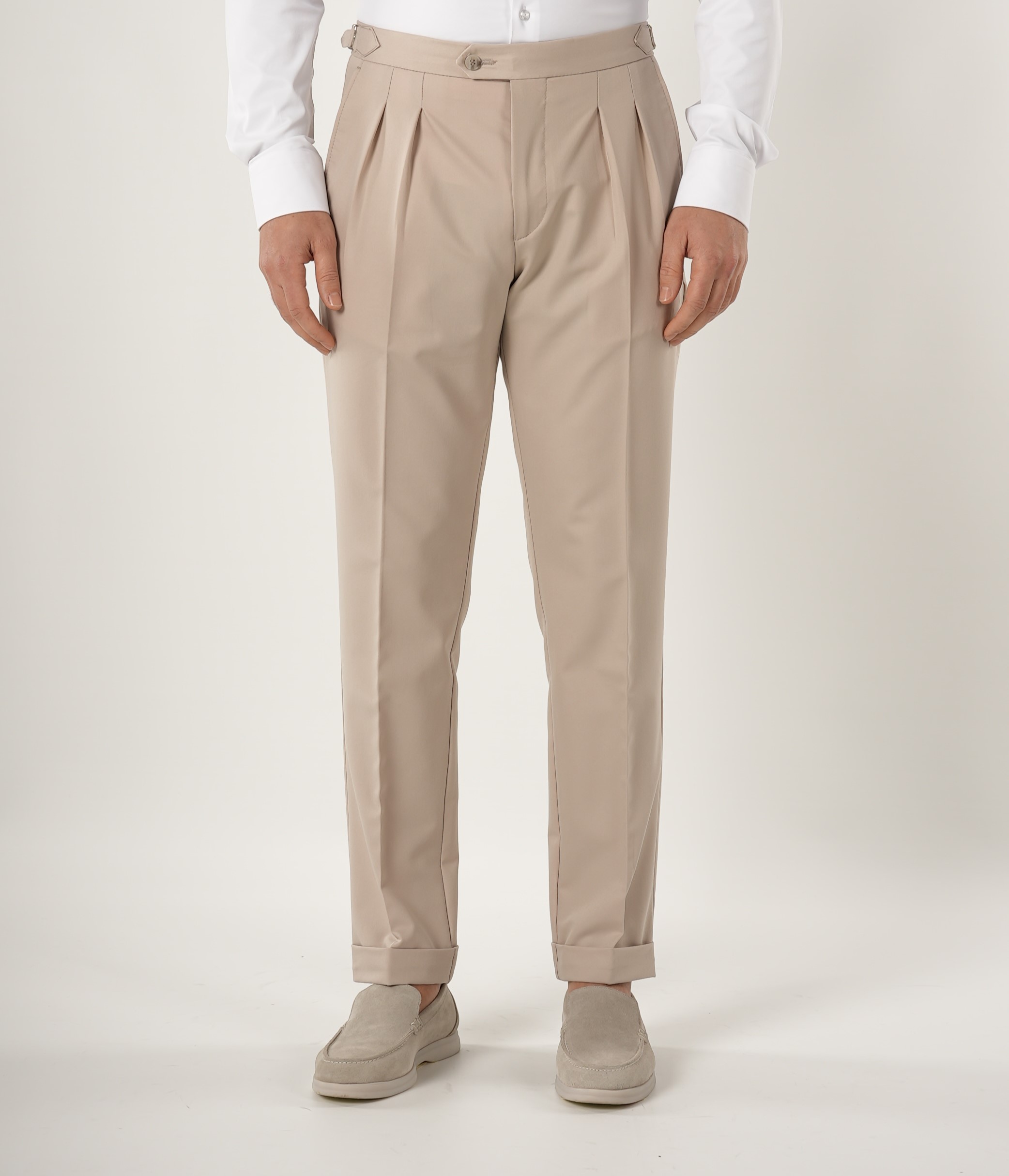 Mens Slim Fit Italian Style Pleated Buckle Lycra Trousers - Beige