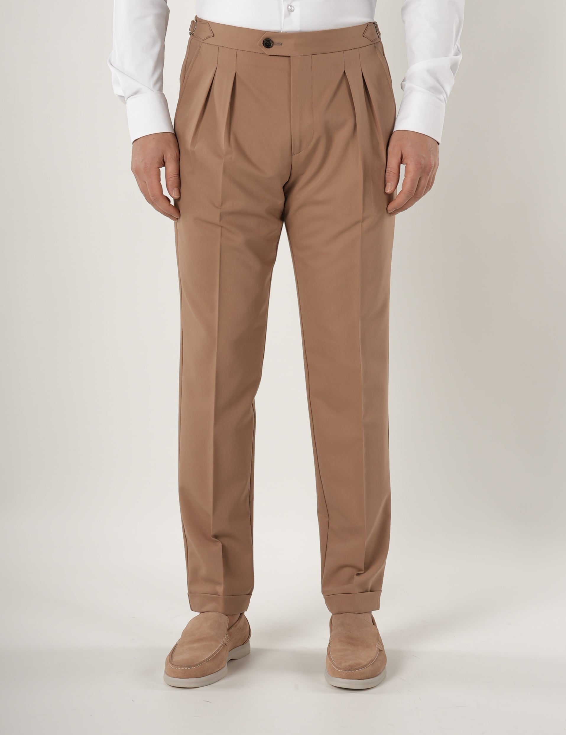 Pantaloni da uomo in lycra con fibbia pieghettata stile italiano slim fit - Crema