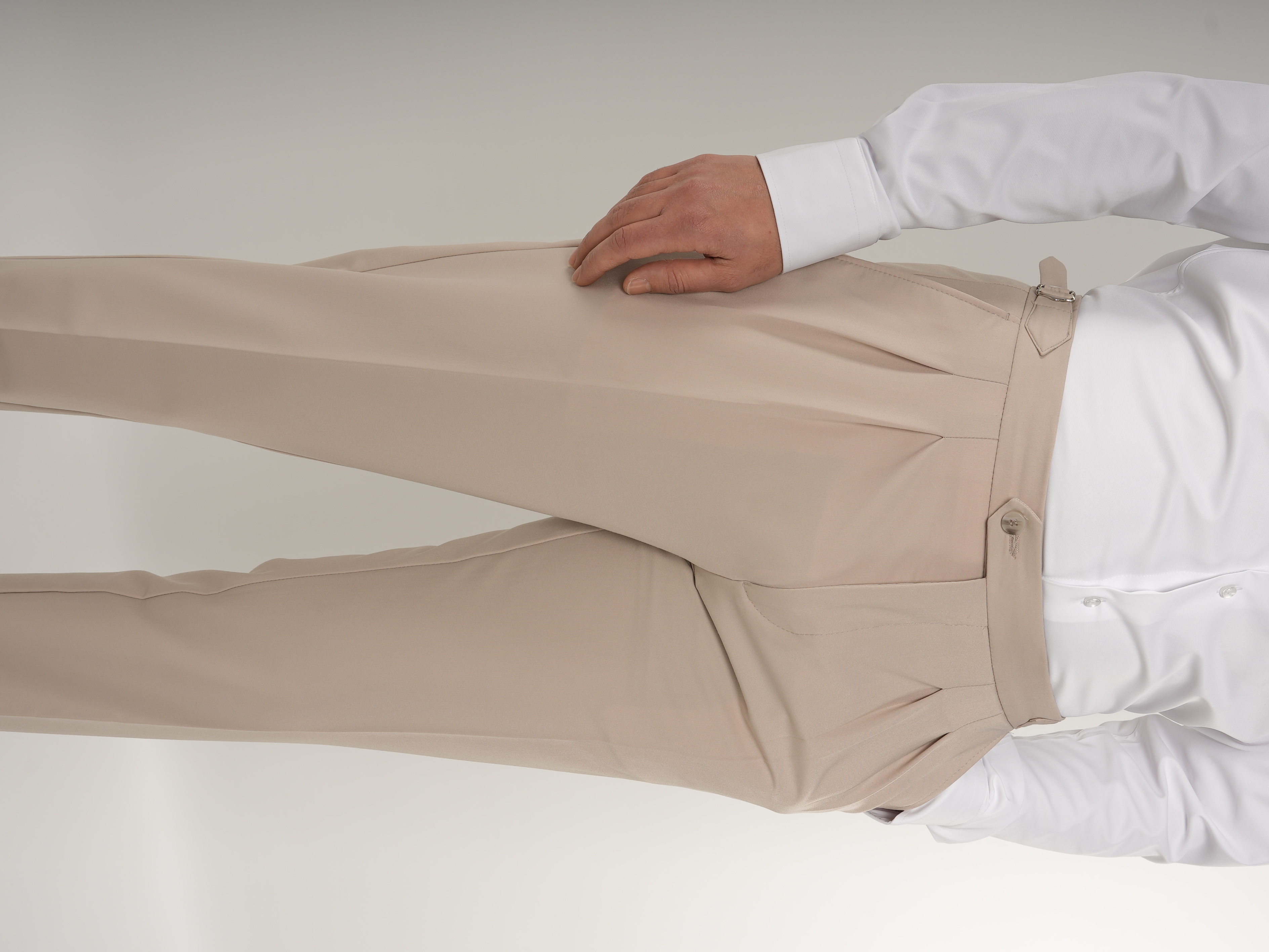 Mens Slim Fit Italian Style Pleated Buckle Lycra Trousers - Beige