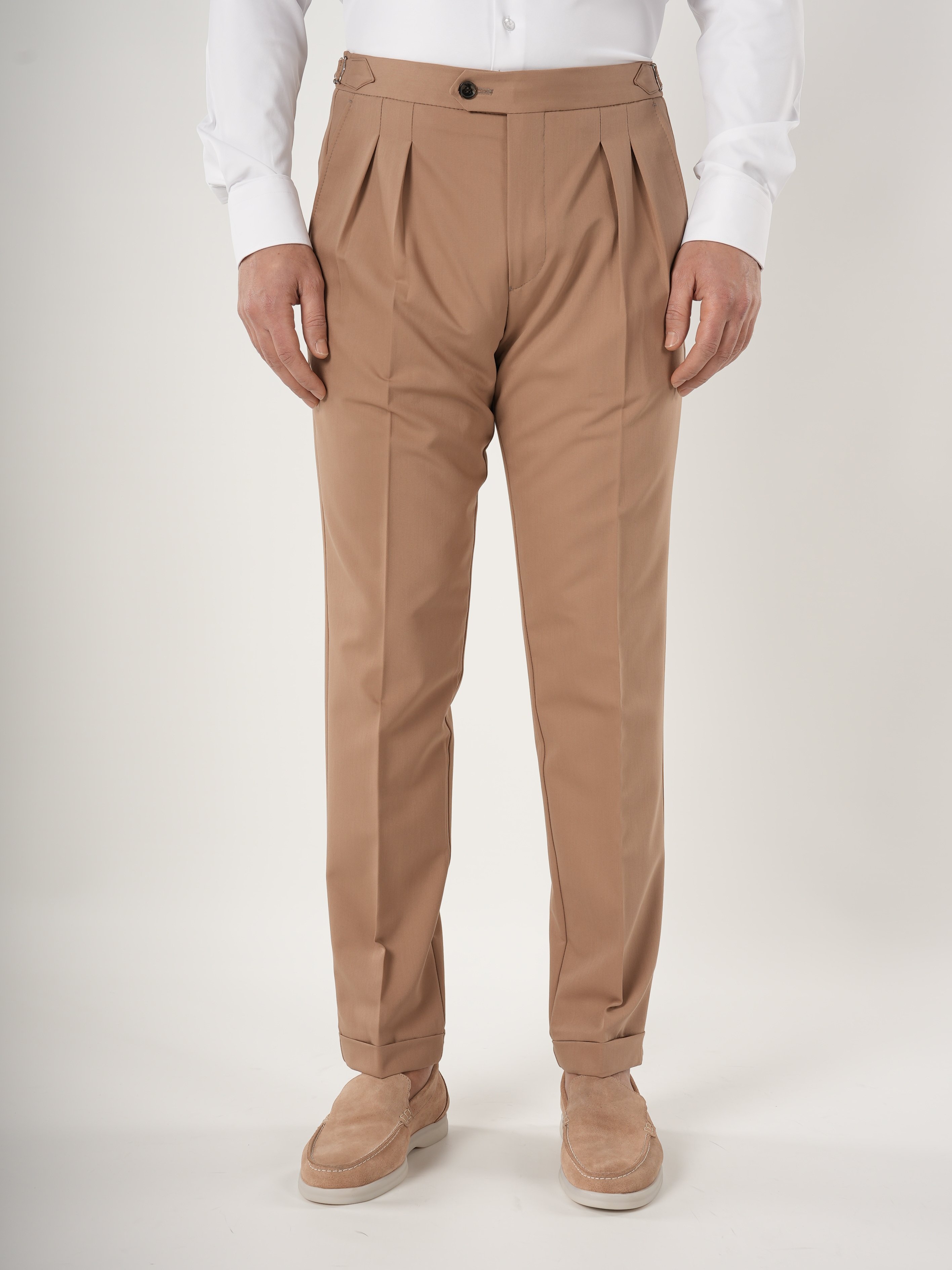 Pantaloni da uomo in lycra con fibbia pieghettata stile italiano slim fit - Crema
