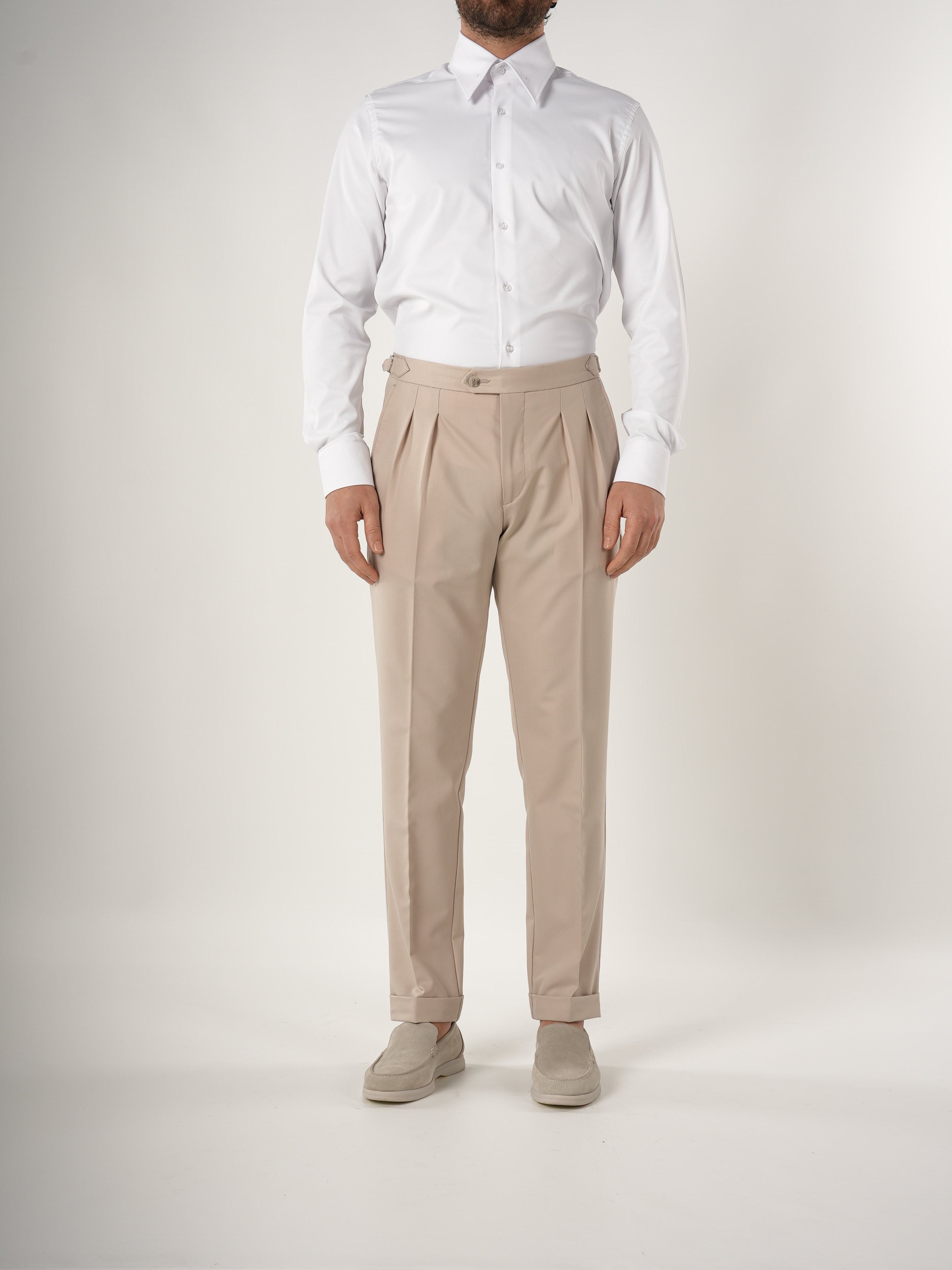 Mens Slim Fit Italian Style Pleated Buckle Lycra Trousers - Beige