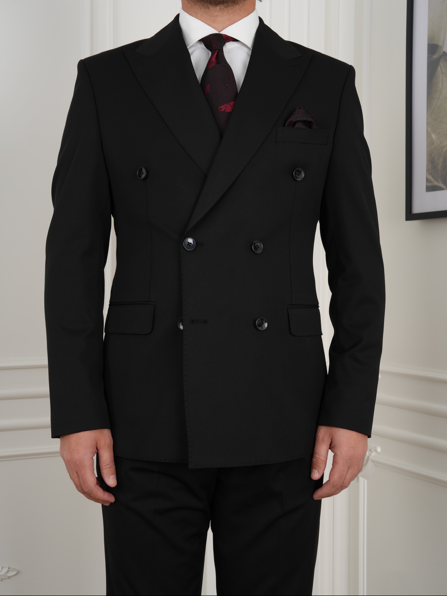Abito da uomo doppiopetto slim fit in stile italiano con cuciture a punto - Nero - Nero