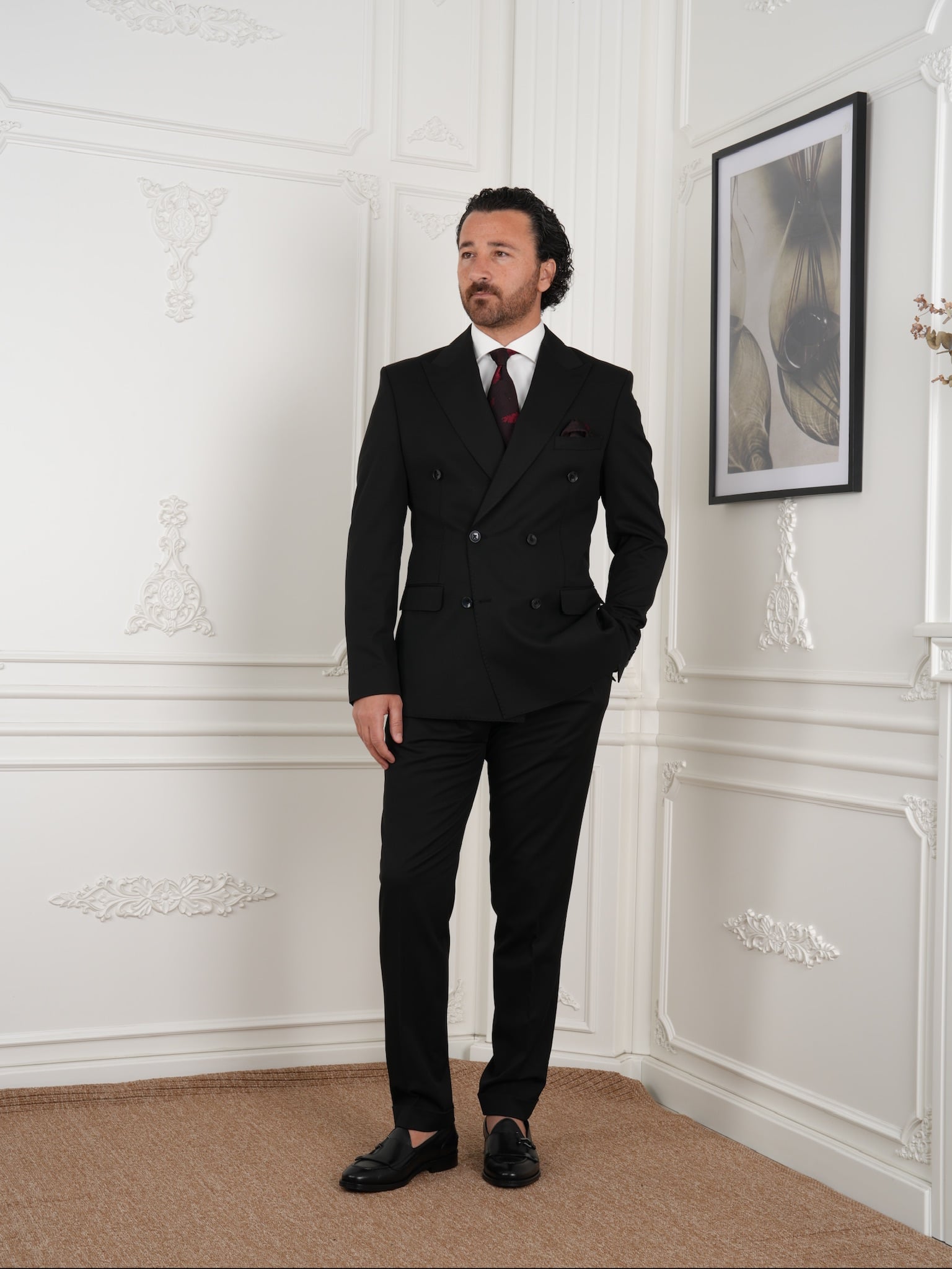Abito da uomo doppiopetto slim fit in stile italiano con cuciture a punto - Nero - Nero