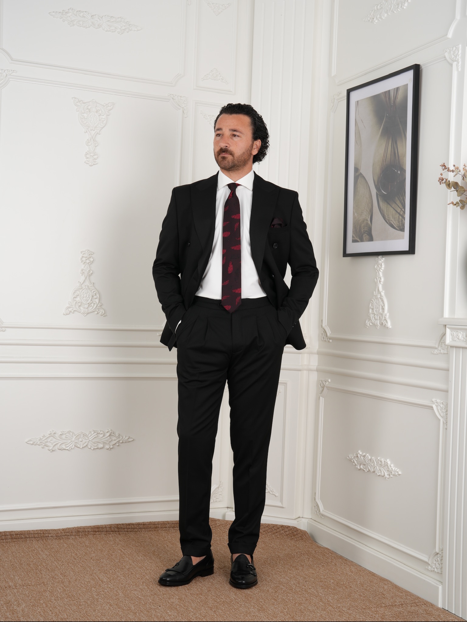 Abito da uomo doppiopetto slim fit in stile italiano con cuciture a punto - Nero - Nero
